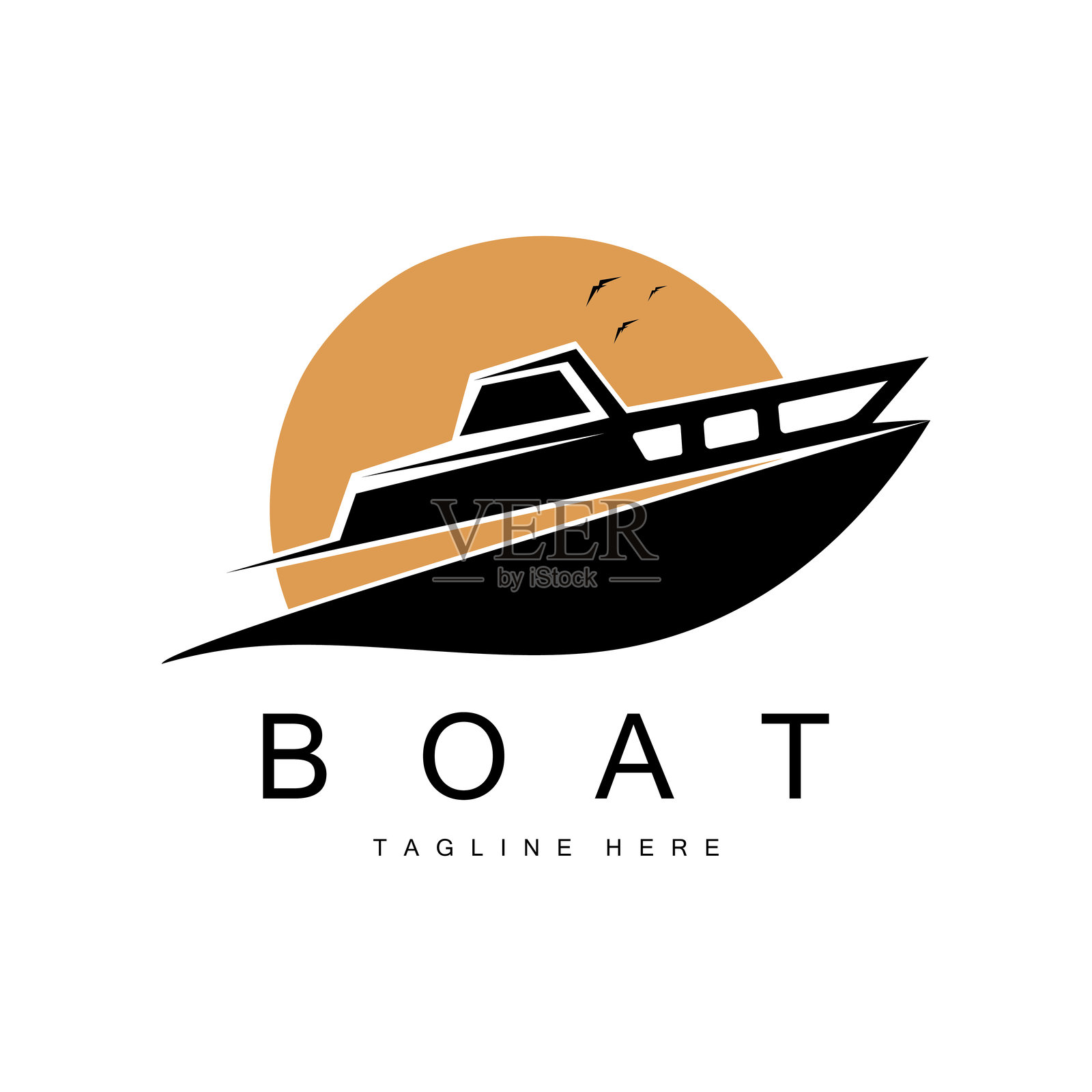 海浪、帆船标志和海滩上的椰子树，适用于商业、徽章、公司，矢量图插画图片素材