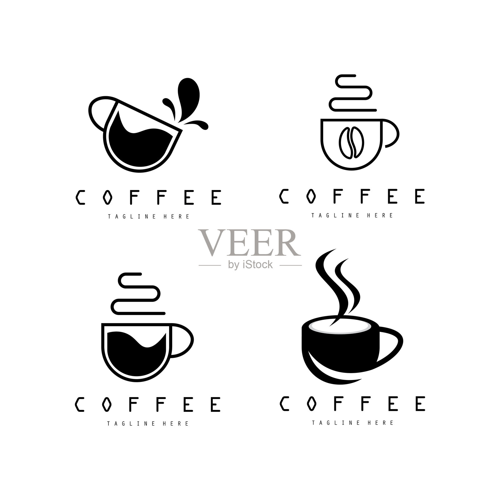 咖啡豆在咖啡杯上的矢量logo，咖啡馆logo，以及咖啡店logo插画图片素材