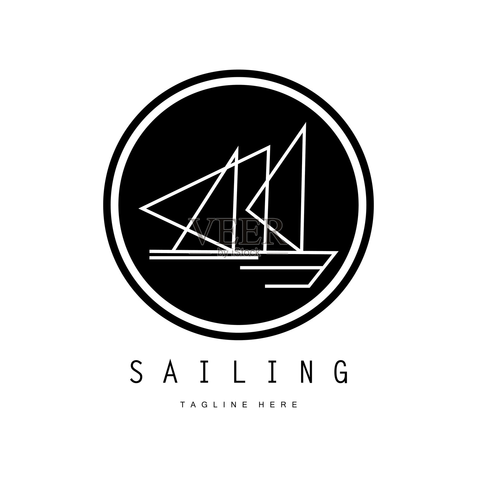 海浪、帆船标志和海滩上的椰子树，适用于商业、徽章、公司，矢量图插画图片素材