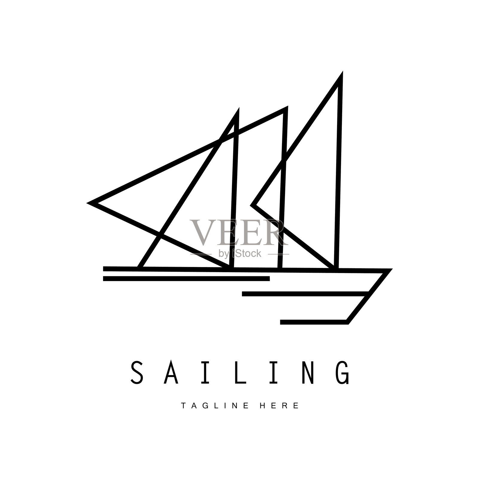 海浪、帆船标志和海滩上的椰子树，适用于商业、徽章、公司，矢量图插画图片素材