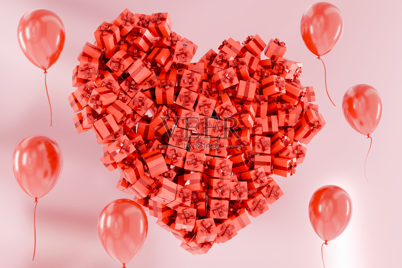 粉色背景上的3D红色心形礼物与气球。情人节的节日横幅。留有文字空间。爱的和浪漫的概念。照片摄影图片
