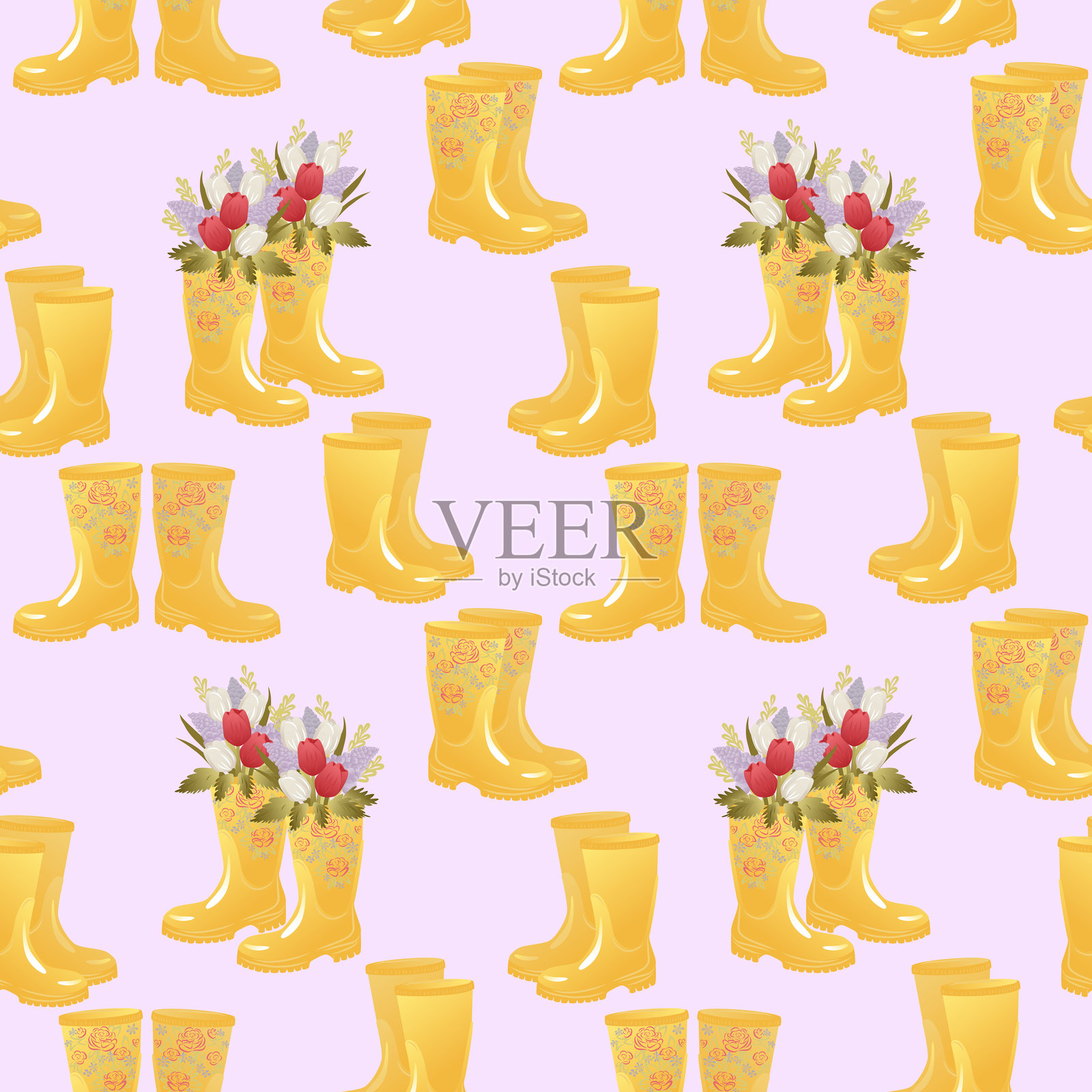 春季无缝模板，黄色橡胶靴上的花朵。白色背景上的郁金香、地衣或紫丁香。无缝模板非常适合服装、幼儿园、纺织品、包装纸等。插画图片素材