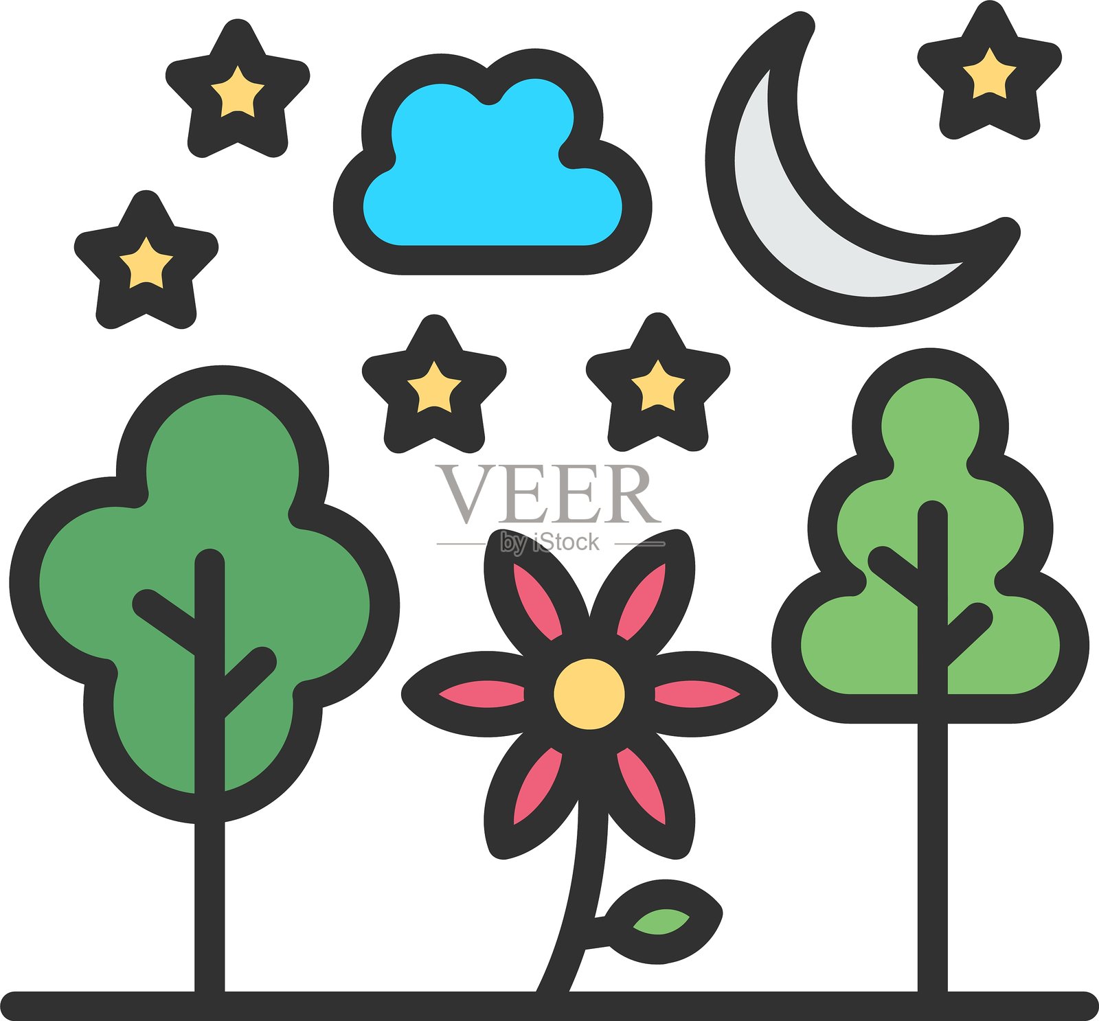 夜晚轮廓填充图标插画图片素材