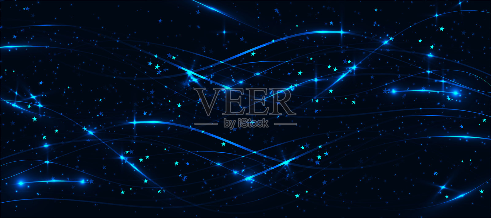 抽象的动态蓝色光束和波浪。带有运动效果的光晕，镜头光晕。黑色背景上闪烁粒子的星尘效果。插画图片素材