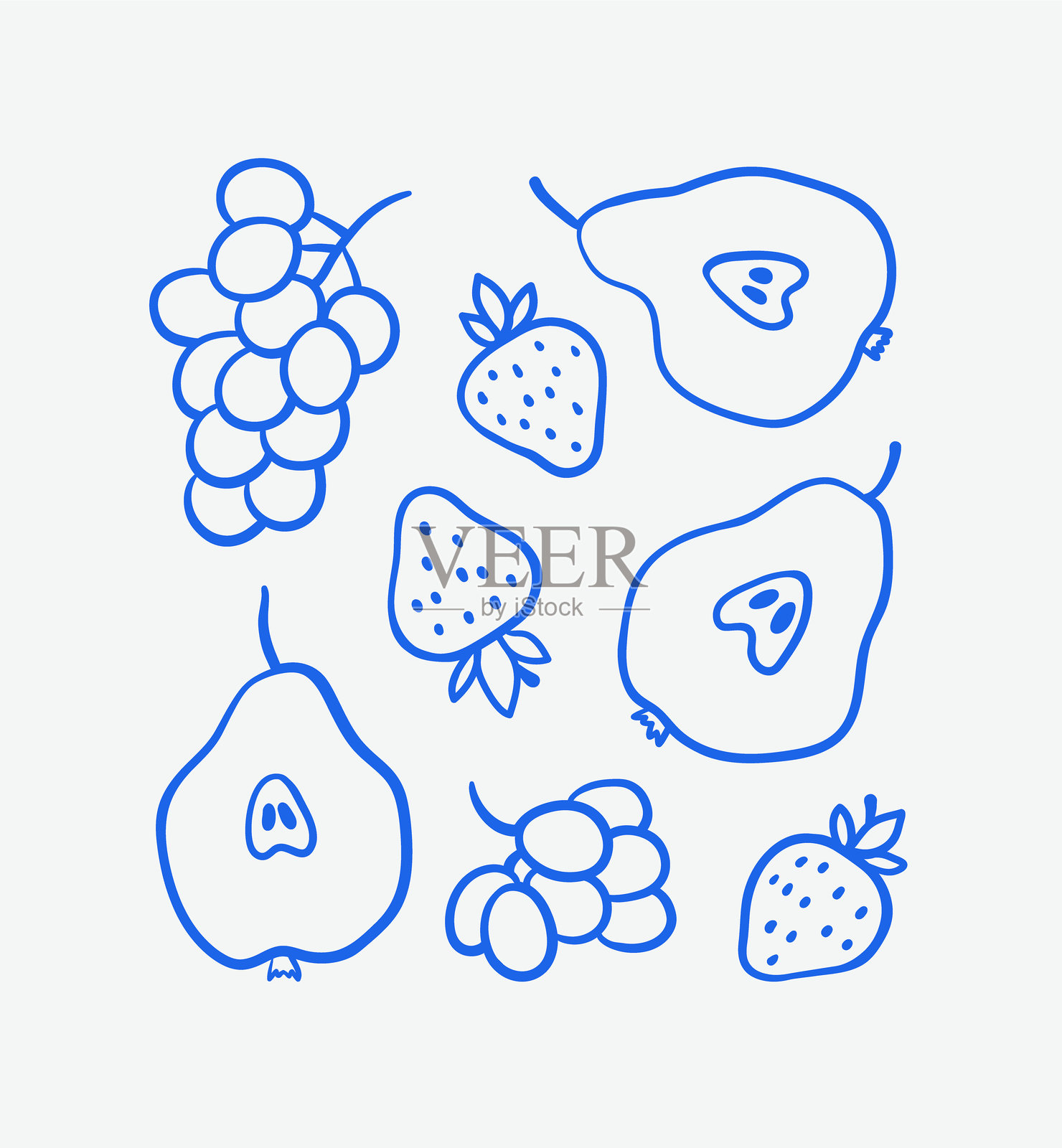 手绘水果插图。梨、草莓、葡萄。插画图片素材