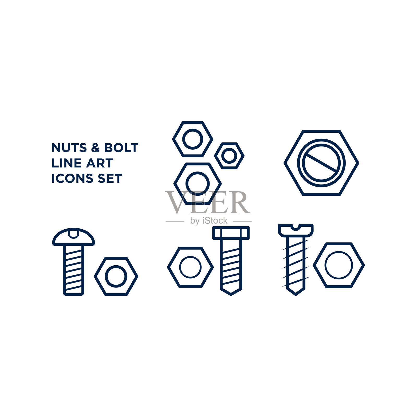螺母和螺栓图标集紧固件矢量设计插图插画图片素材