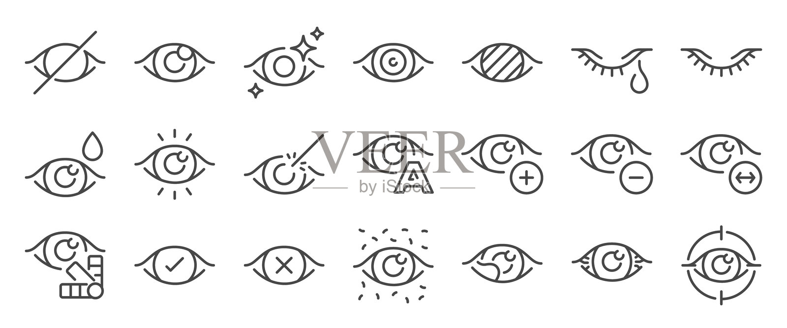眼睛图标集，包括眼科、视力、视觉、光学等图标。可编辑矢量线条。插画图片素材