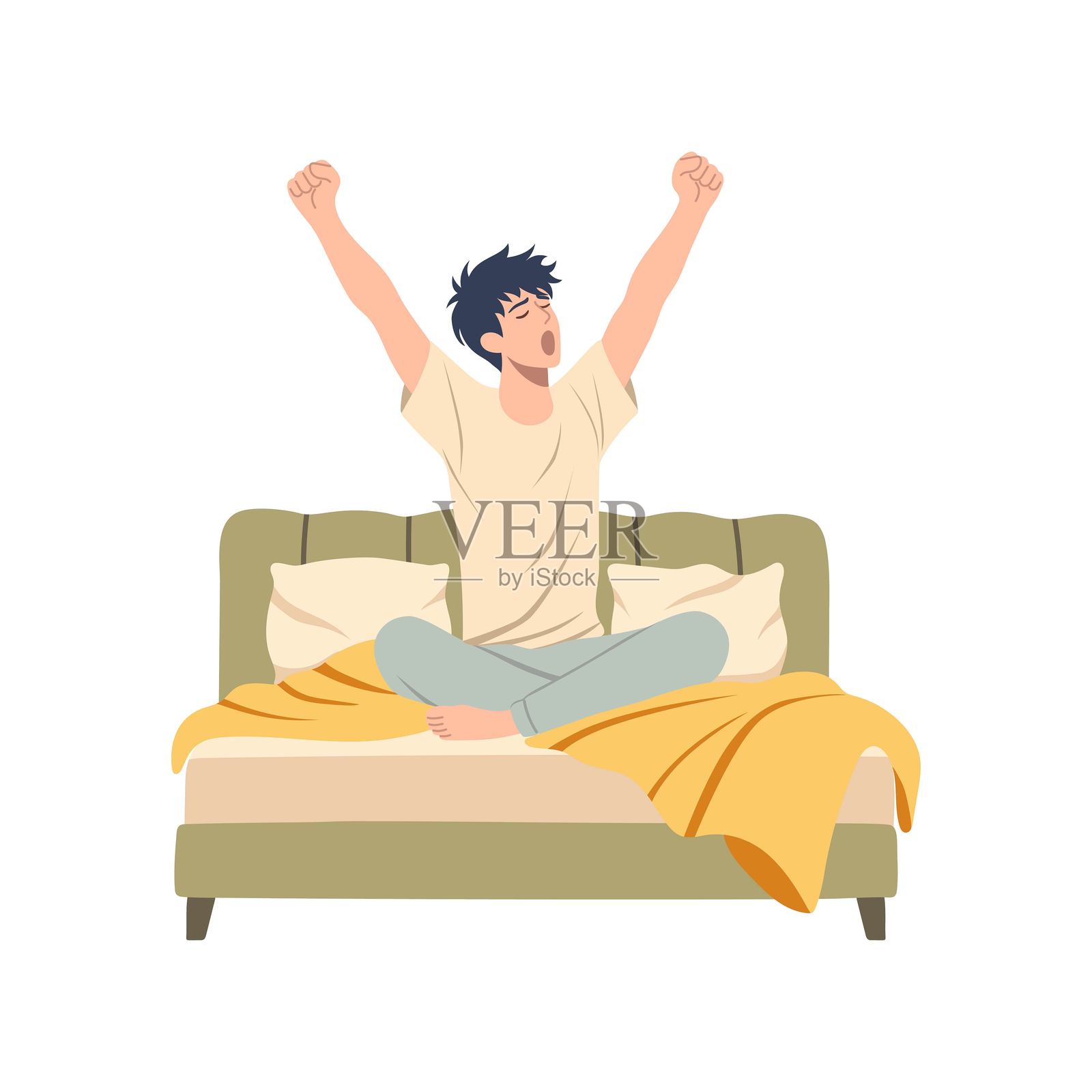 一个男孩坐在床上伸展身体。彩色矢量插图。插画图片素材