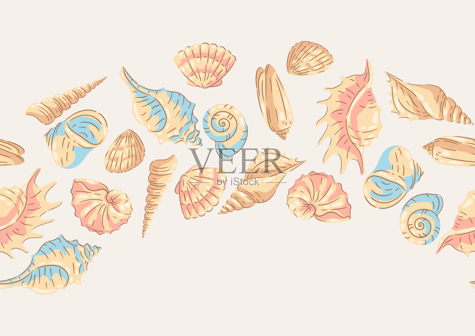 无缝贝壳图案。热带水下软体动物贝壳插图。插画图片素材