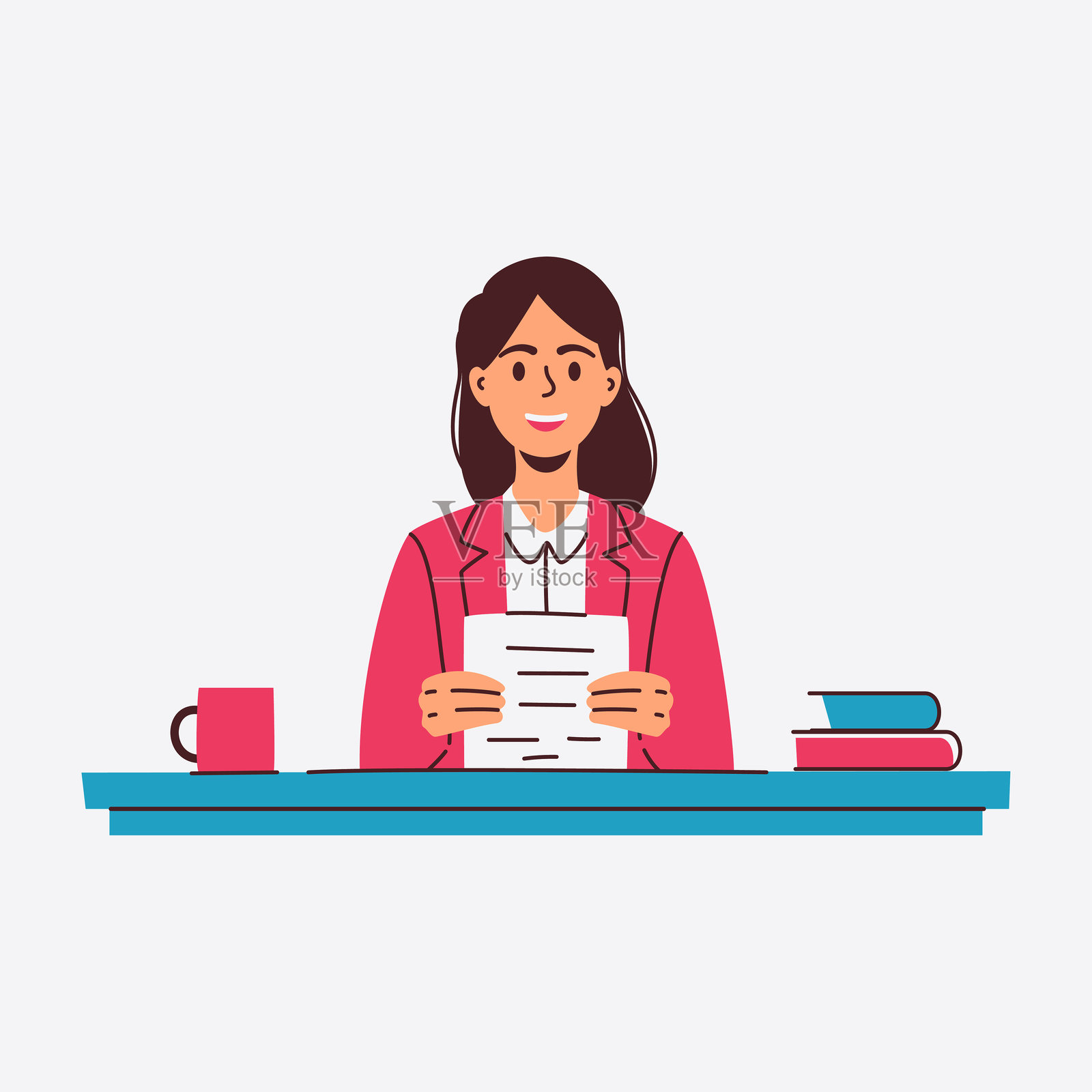 一位微笑的女性坐在桌子前，愉快地审阅文件。插画图片素材