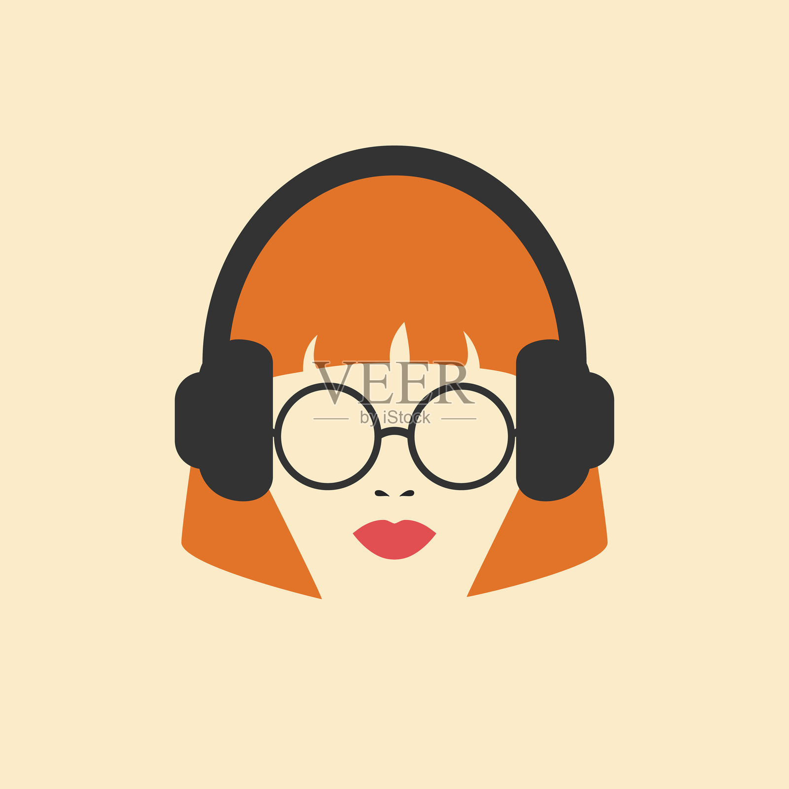 抽象极简主义女性头像，佩戴耳机和眼镜。耳机女性图标。矢量插图插画图片素材