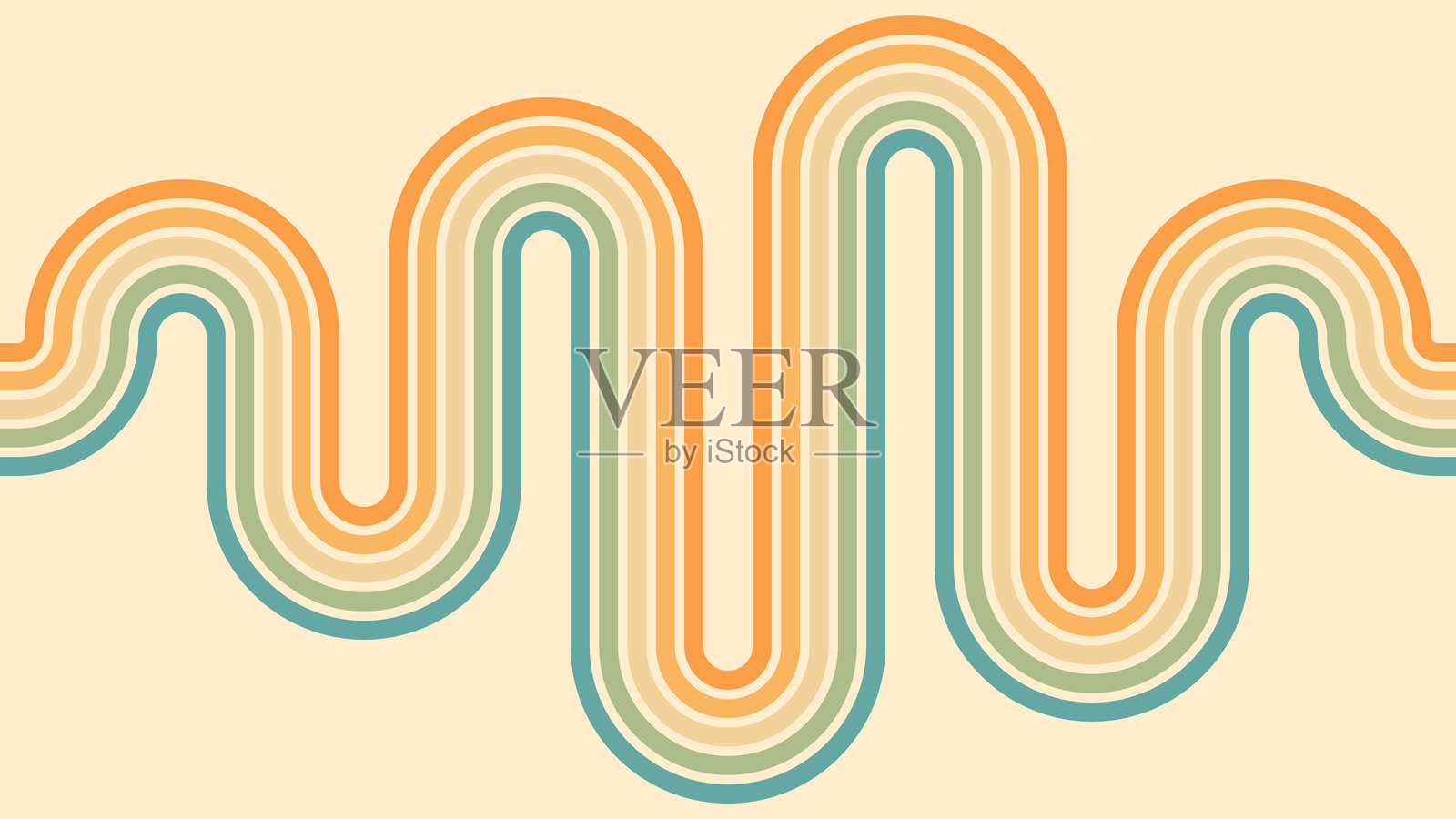 1970年代嬉皮复古风格的彩虹波浪线设计抽象背景。矢量图案可用于布料、纺织品、包装等。插画图片素材