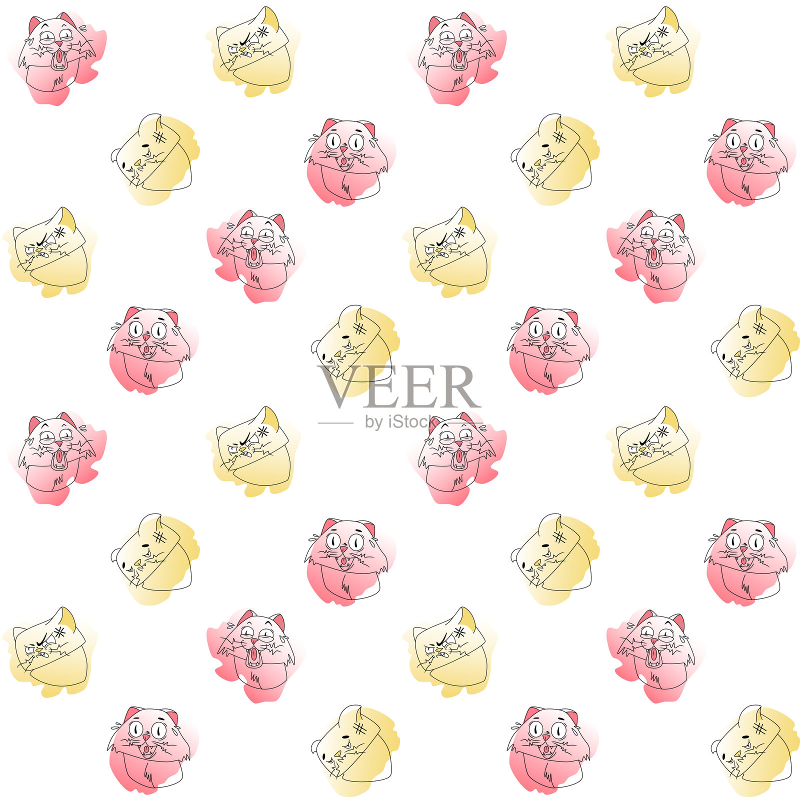 猫咪表情包图案。粉色和黄色的颜色搭配，黑色线条。情感包括笑话、幽默、惊讶、绝望和愤怒。插画图片素材