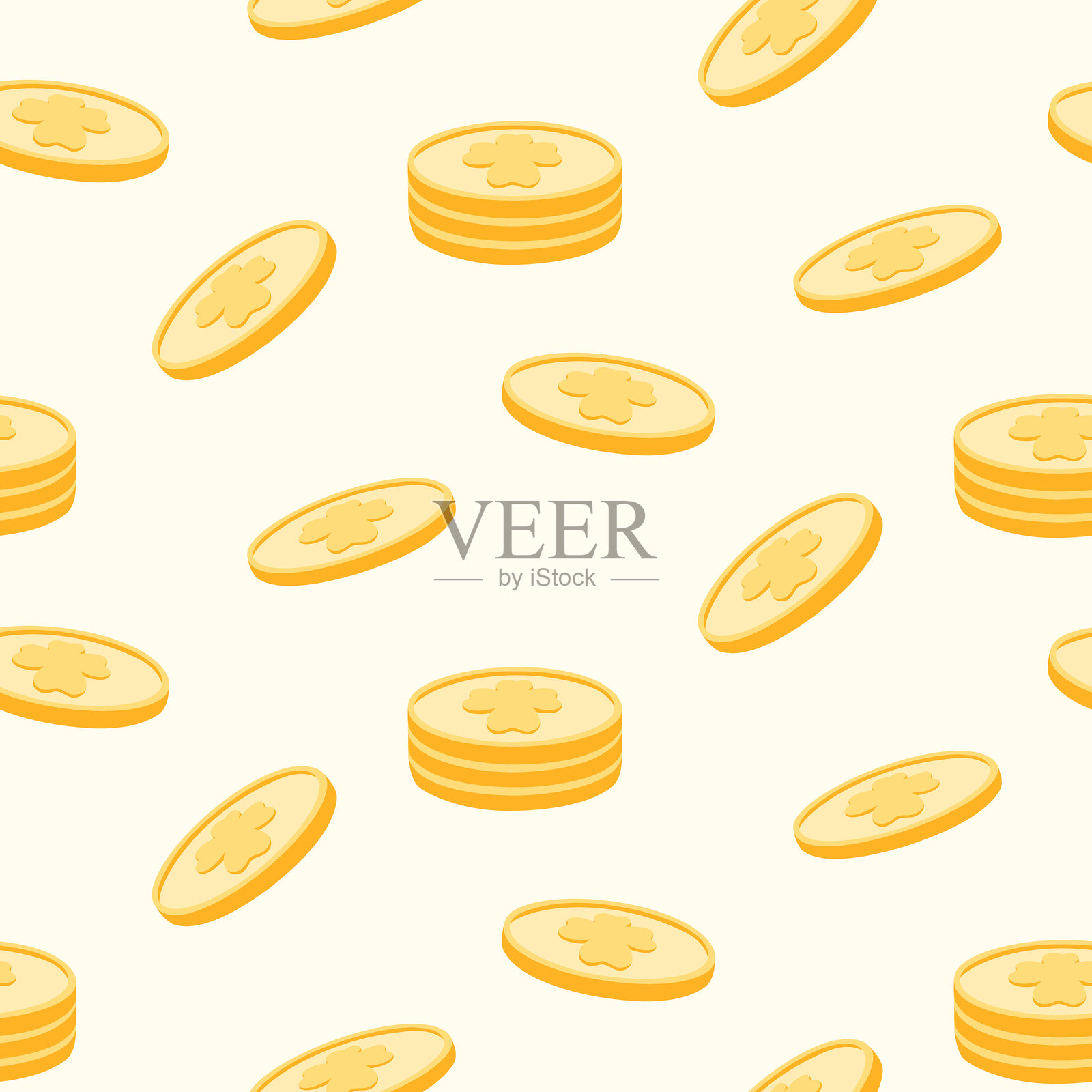 圣帕特里克节的幸运三叶草和金币无缝图案，背景为单色。插画图片素材