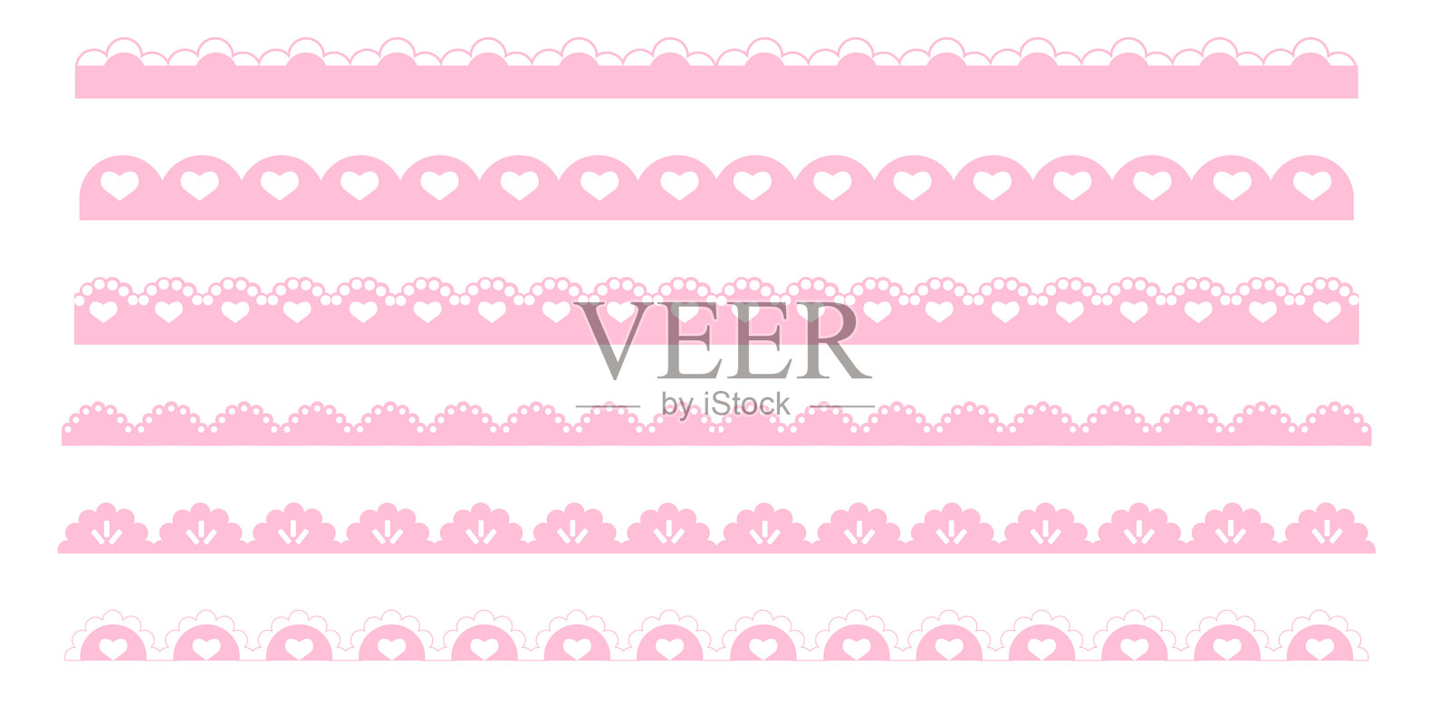 带有心形和圆点装饰边缘的简单可爱粉色波浪边框分隔线，独立于白色背景。矢量插图。插画图片素材