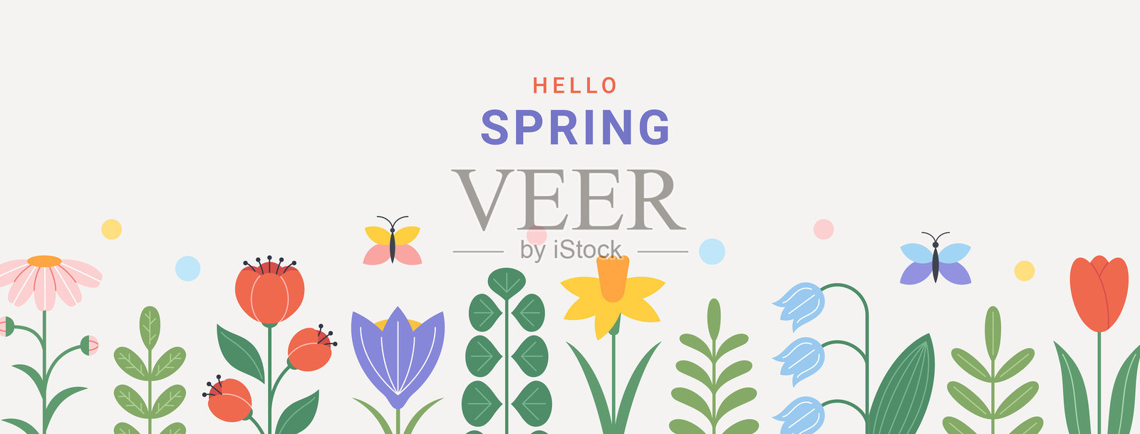 春季柔和色调的花卉背景。盛开的花园横幅，花卉装饰，扁平几何风格的叶子。美丽植物的横向图案或边框。现代时尚的矢量插图。插画图片素材