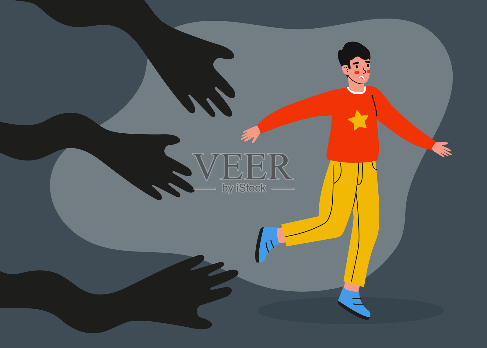 年轻男孩在一幅风格化插图中逃离阴影般的手，描绘了恐惧与逃避的超现实环境。插画图片素材