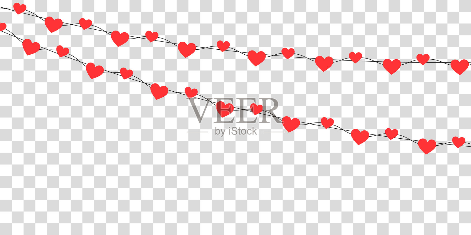 可爱的手绘心形花环，红色纸心串在一起。浪漫且无缝的横向图案，非常适合情人节装饰、包装纸和节日横幅。插画图片素材