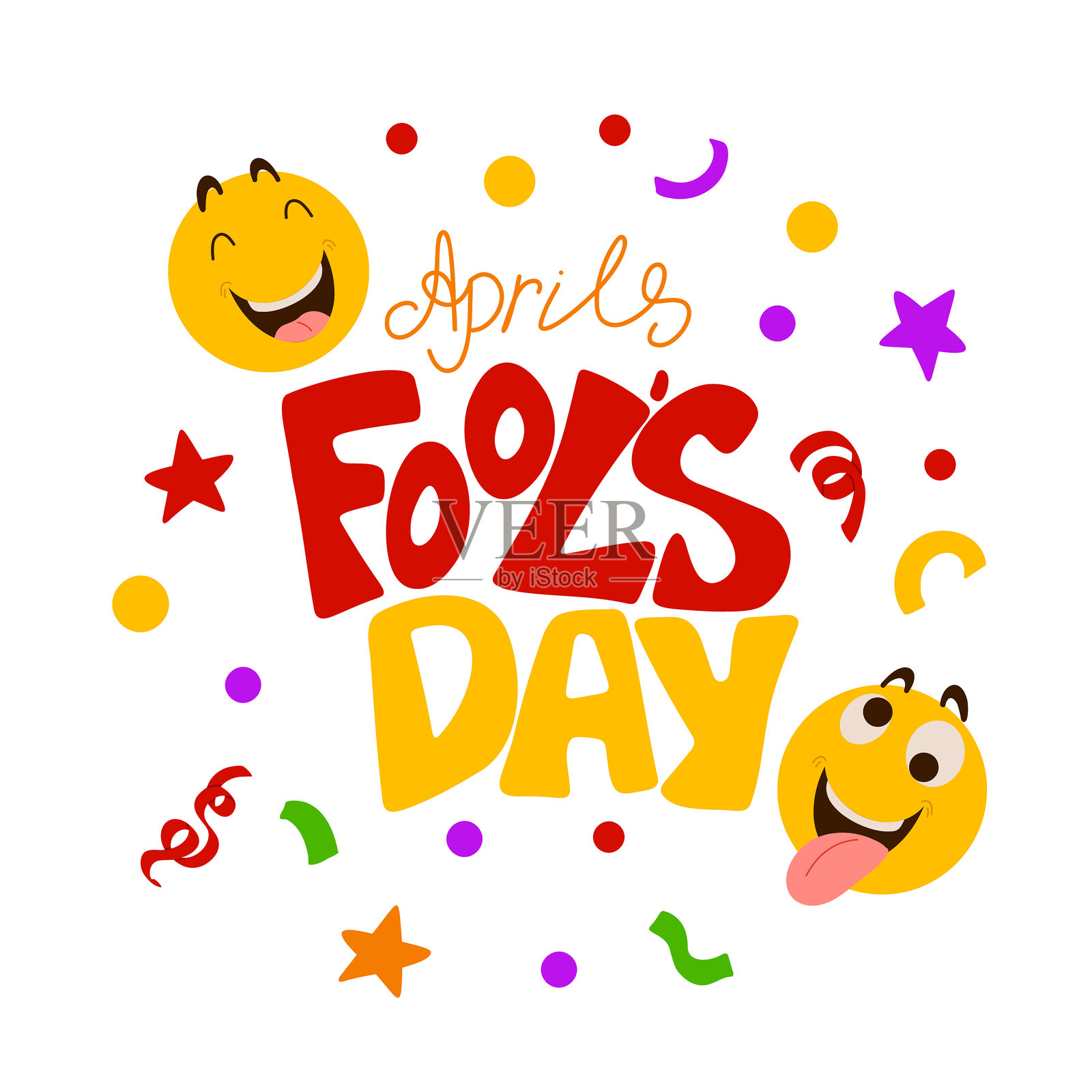 愚人节涂鸦海报模板。带手写字母的矢量插图，笑脸表情符号。派对邀请函。传单，海报。插画图片素材