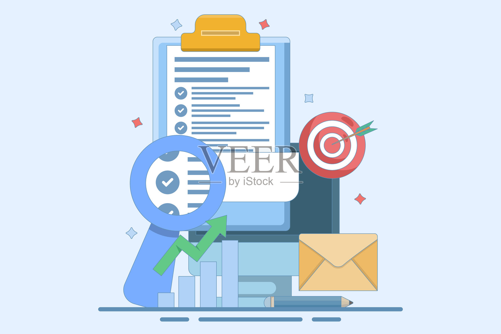 商业目标信概念。带有目标箭头的剪贴板。通过电子邮件营销、电子邮件通讯、信息传递、在线商业策略、广告和营销接触目标受众。插画图片素材