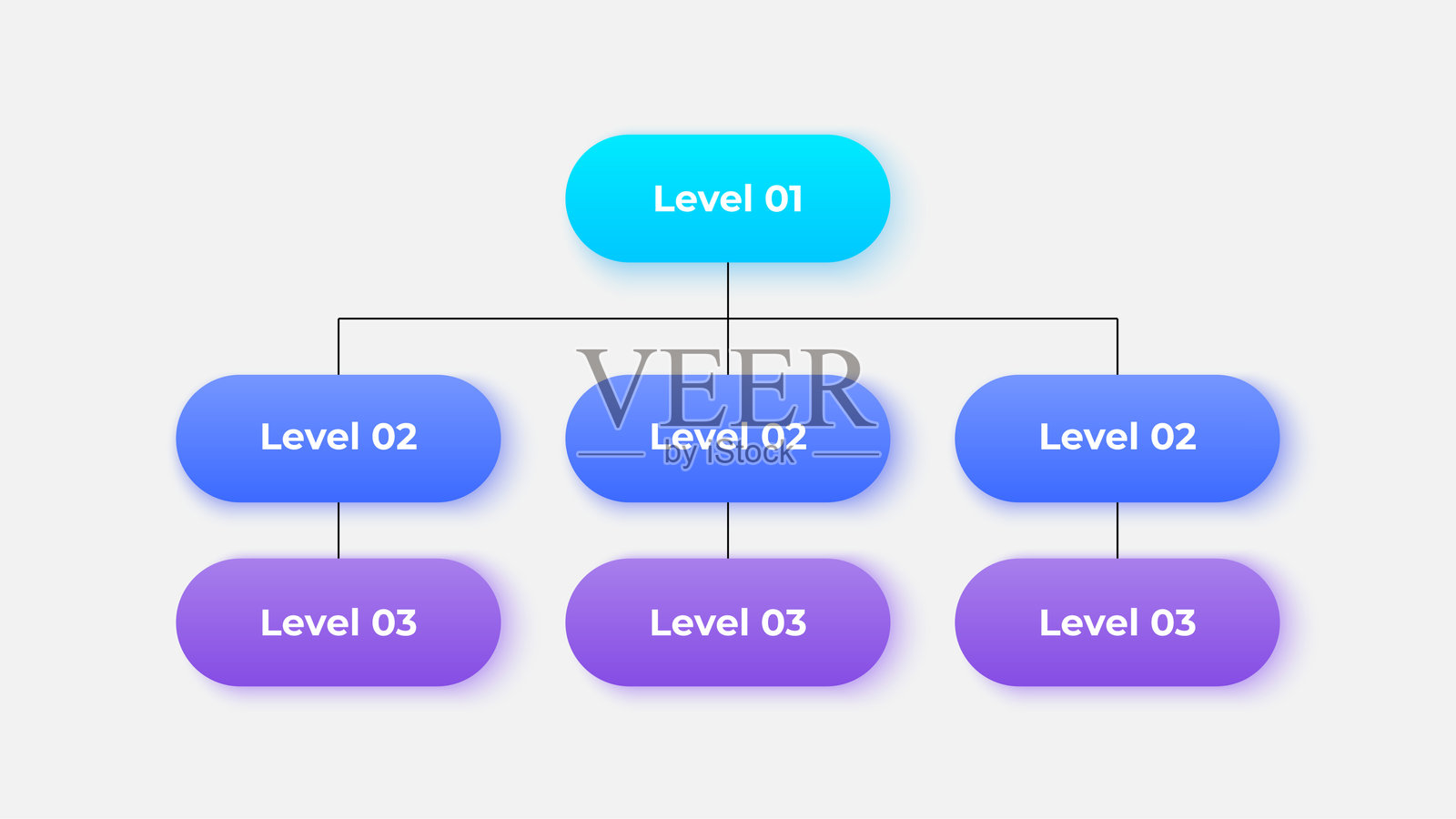 垂直商业组织结构图信息图，包含三个层级。顶层连接六个下属节点。插画图片素材