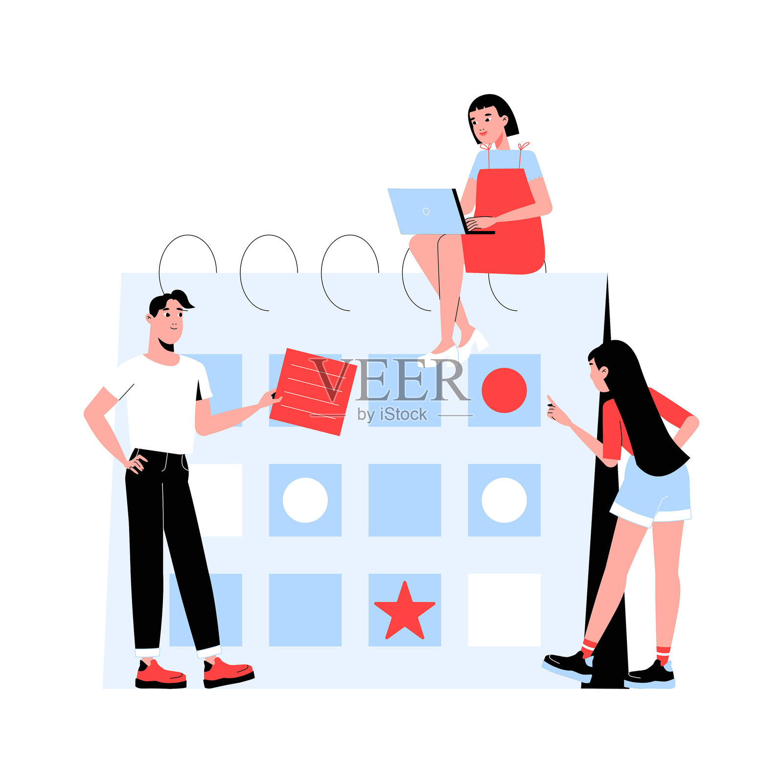 团队规划日程在大型日历上，扁平化矢量插图象征项目管理、任务组织和协作，背景为白色。插画图片素材