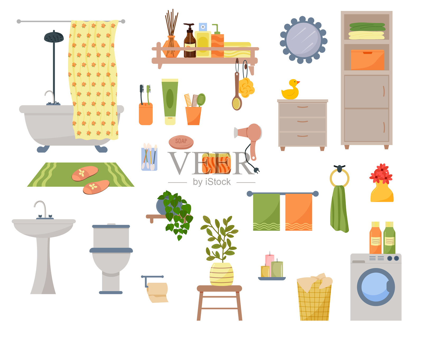 浴室物品构造。带淋浴和窗帘的浴缸。放置个人卫生用品的架子。地毯和拖鞋，浴袍。洗衣篮，洗衣机。插画图片素材