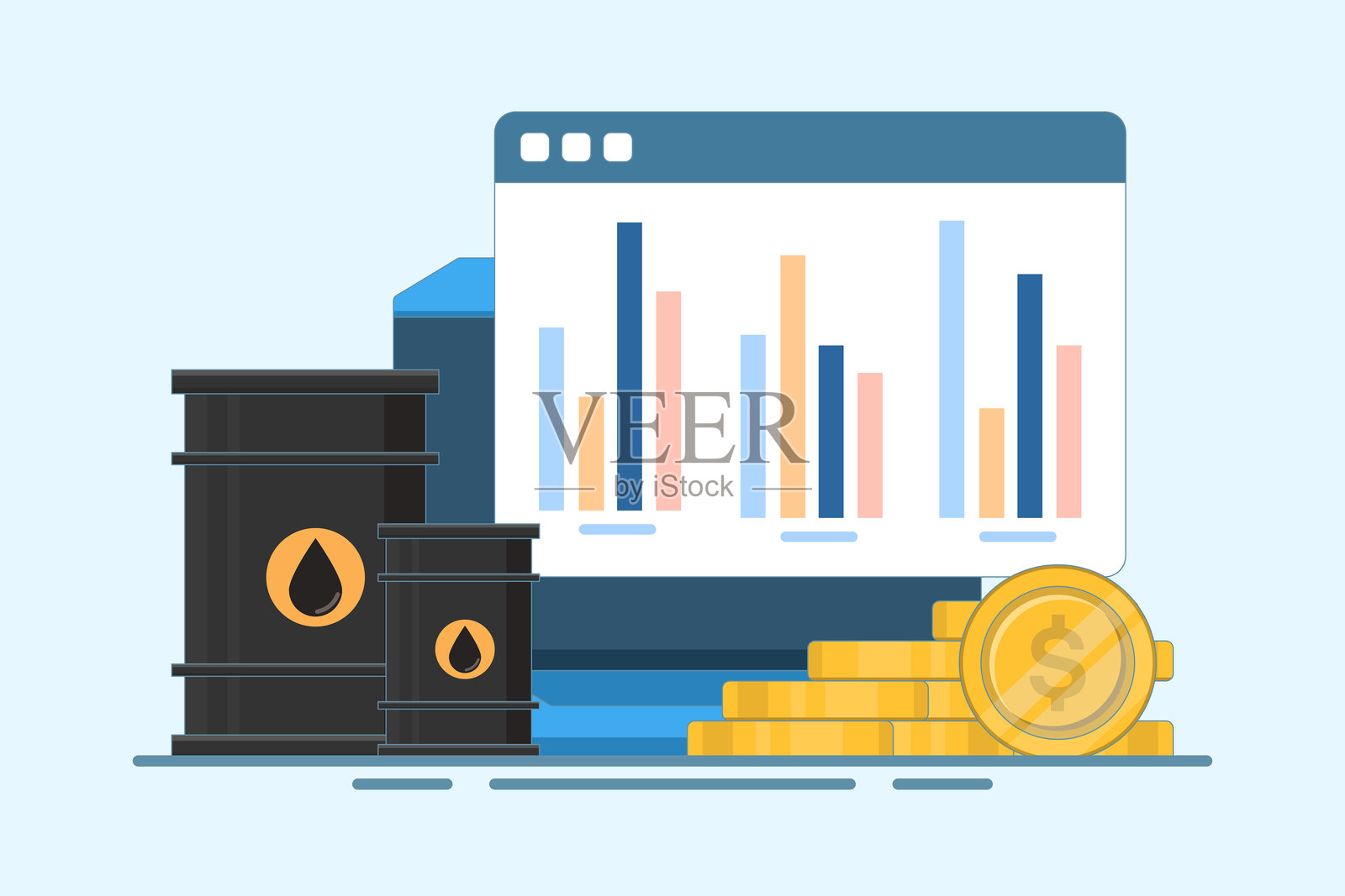 全球石油桶交易市场概念，石油桶与金币，计算机屏幕在孤立背景上，数字营销。扁平设计插图背景。插画图片素材