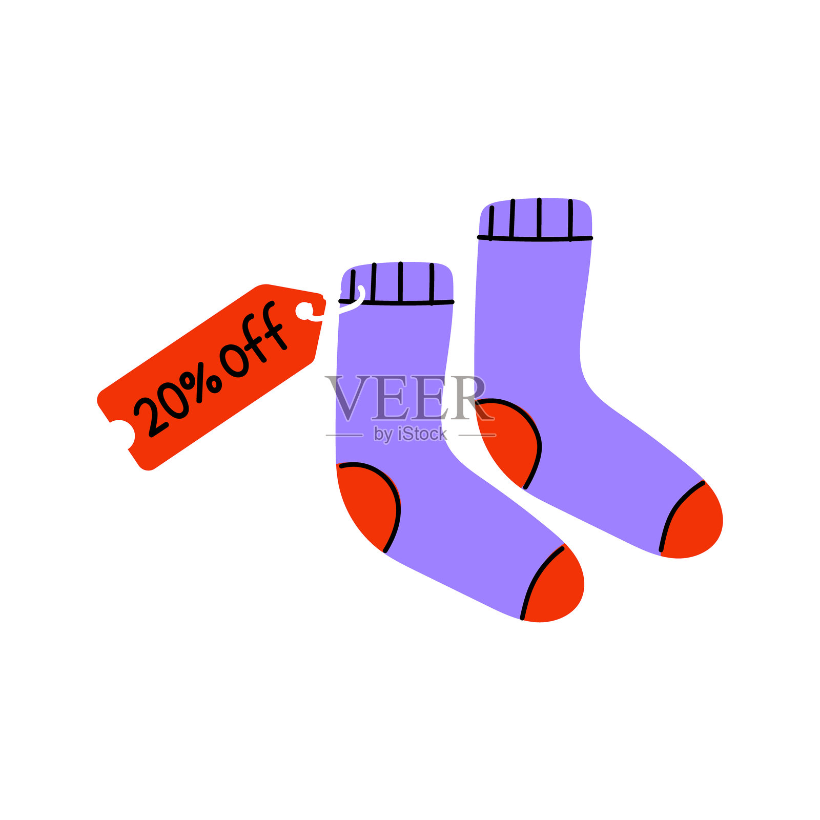 白色背景上的彩色袜子，带有折扣标签，突出显示鞋类商品的20%优惠。插画图片素材