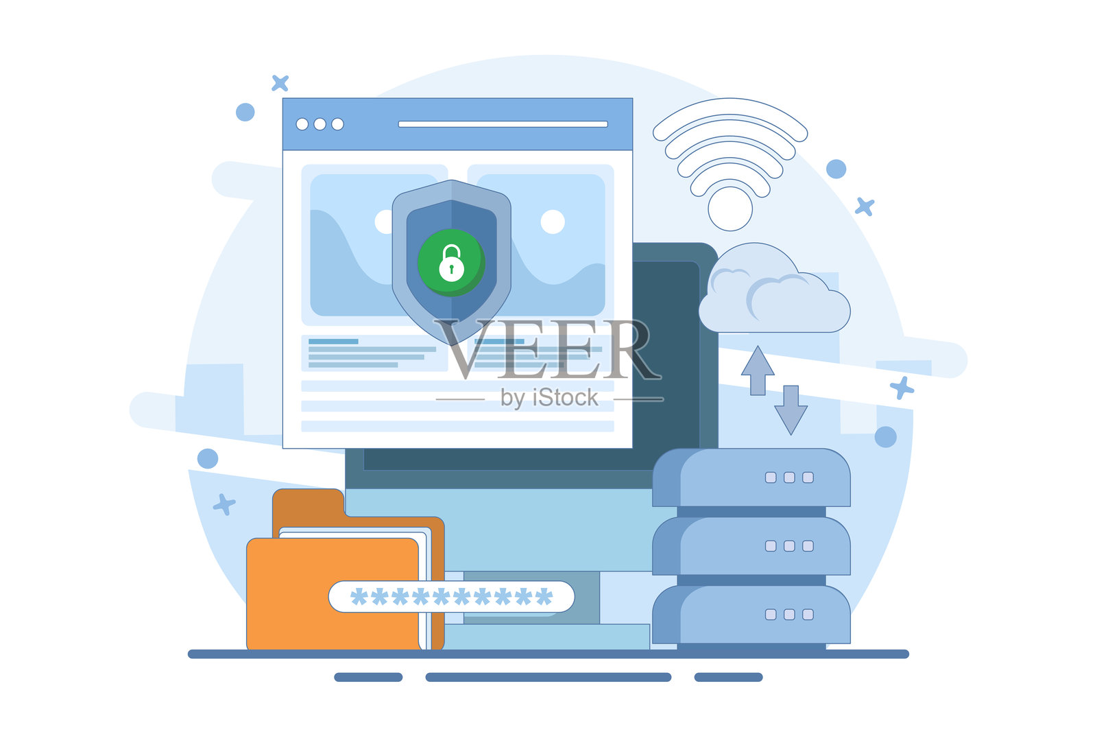 数据保护概念，个人和商业文件的安全性，密码验证和加密技术，在线网络数据安全，互联网安全或信息隐私。插画图片素材