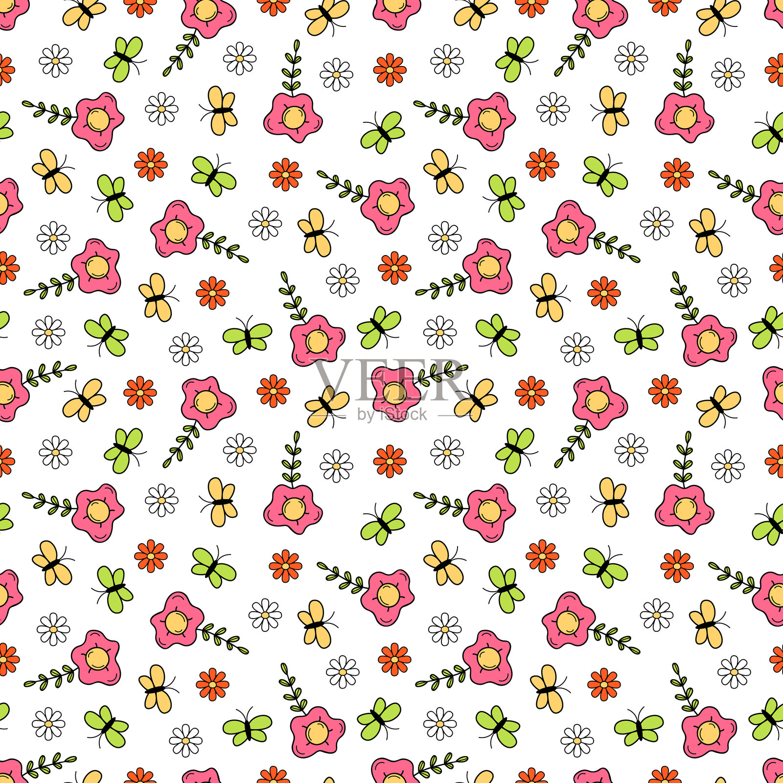 无缝花卉和蝴蝶涂鸦风格图案。非常适合婴儿服装、纺织品、包装、网页背景、面料、包装纸和装饰。背景为白色。插画图片素材