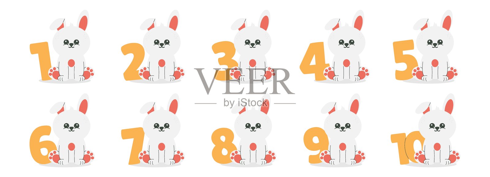 可爱的兔子角色和数字矢量图集。适合儿童生日派对邀请函、贺卡、海报、活动、印刷品和蛋糕装饰设计的美丽元素。插画图片素材