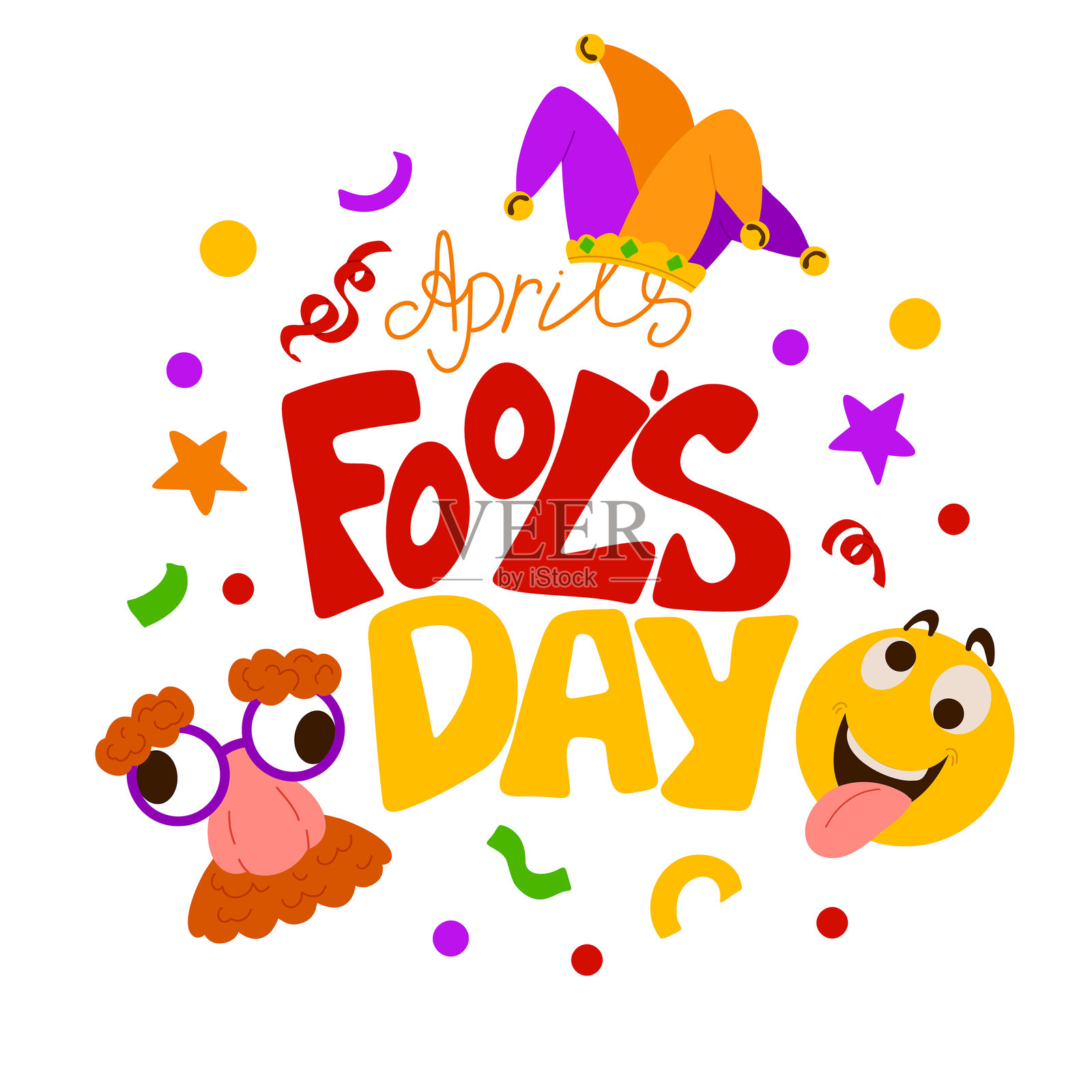 愚人节涂鸦海报模板。带手写字母的矢量插图，笑脸表情符号，小丑帽。派对邀请函。传单，海报。插画图片素材