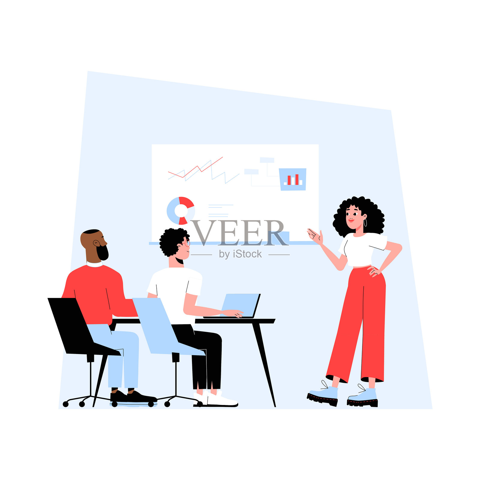 女商人向团队展示分析数据的扁平矢量插图，象征着企业战略、数据分析和职业发展，背景为白色。插画图片素材