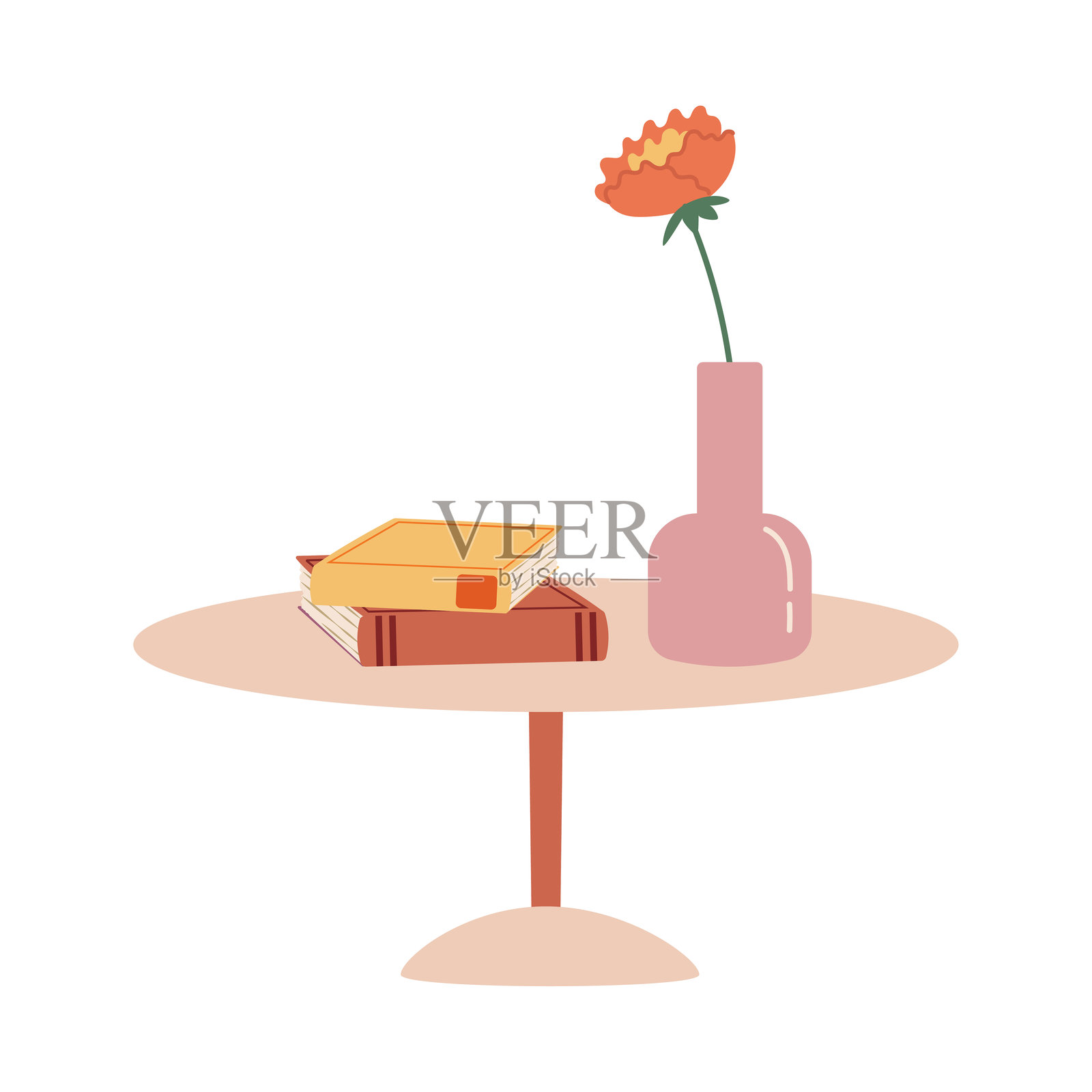 圆桌上的花瓶、花朵和书籍。房间装饰元素的矢量图。插画图片素材