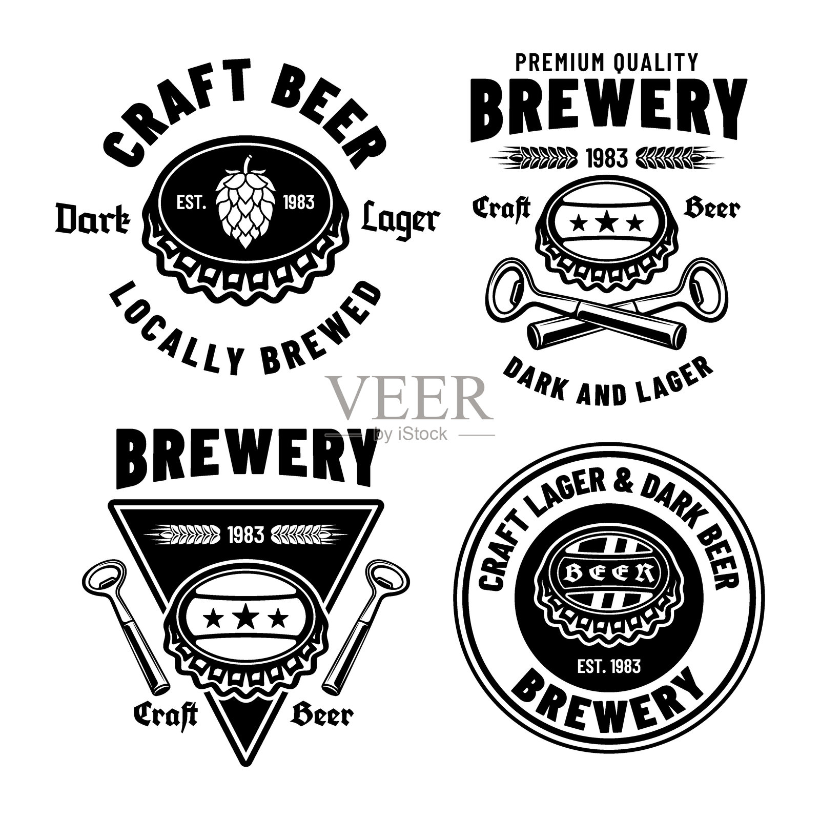 单色复古风格的啤酒和酿酒厂矢量徽章、标签、标志集合，独立于白色背景上插画图片素材