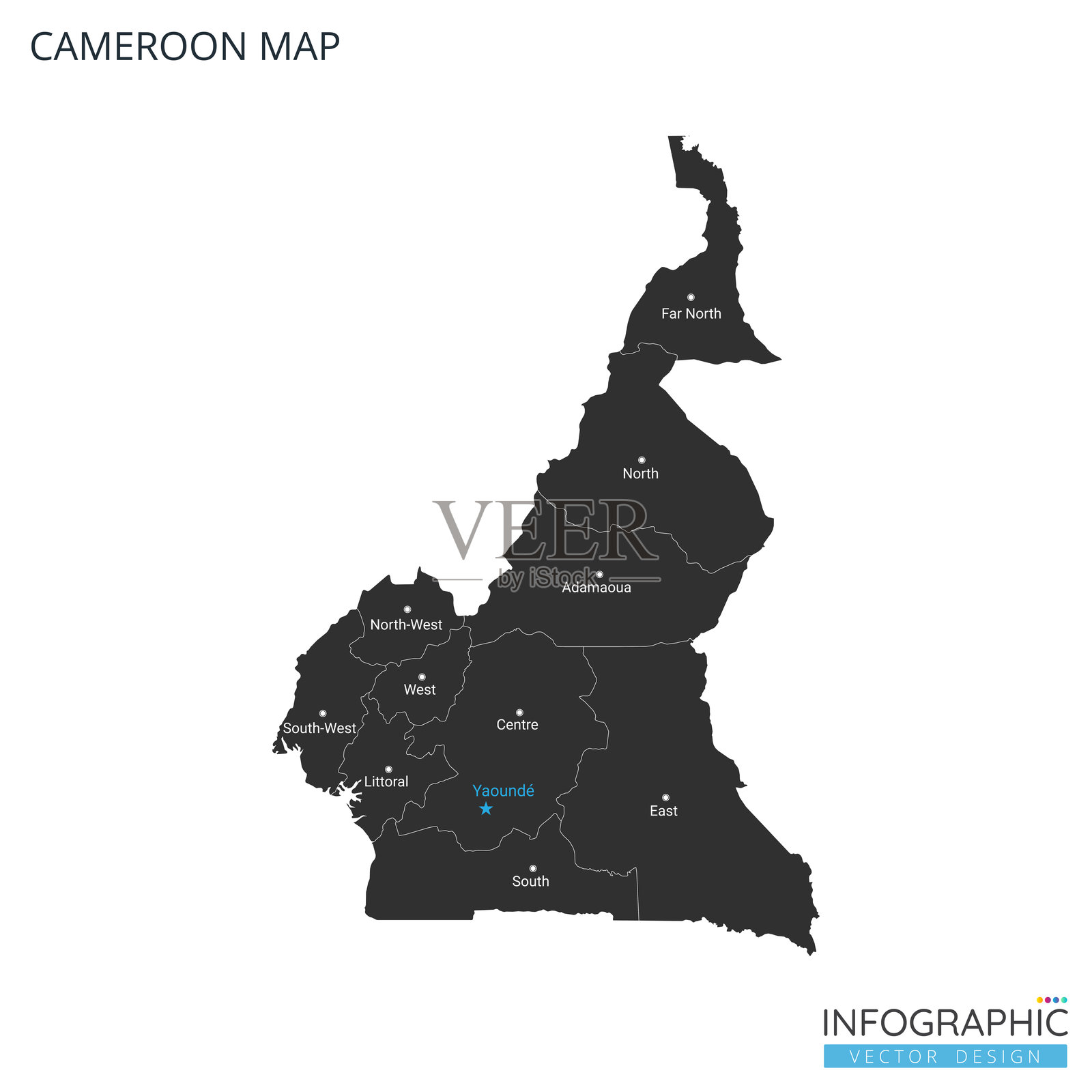 喀麦隆国家政治行政地图。详细的矢量插图，按州划分，包含首都城市名称，轮廓简洁风格。插画图片素材