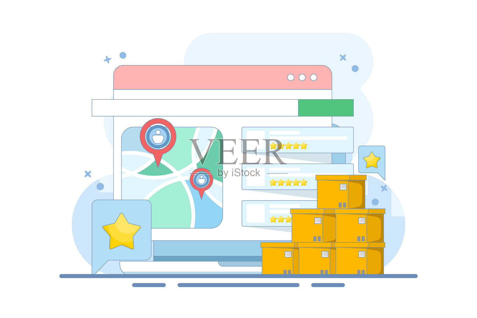 客户概念分享搜索引擎商业列表、SEO商业列表和SEO评论的反馈与评价。背景上带有图标的矢量插图。插画图片素材