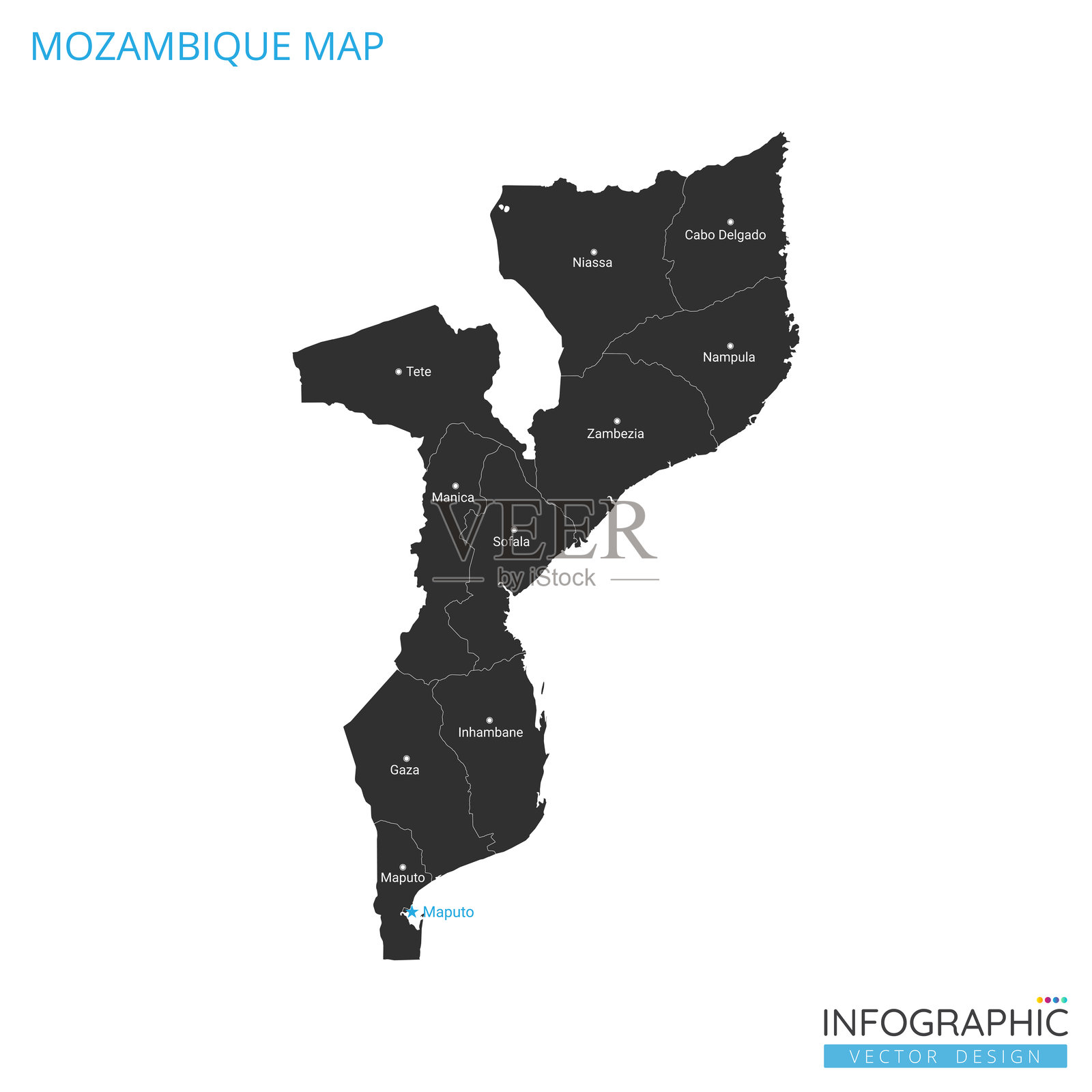 莫桑比克国家政治行政地图。详细的矢量插图，按州划分，包含首都城市名称，轮廓简洁风格。插画图片素材