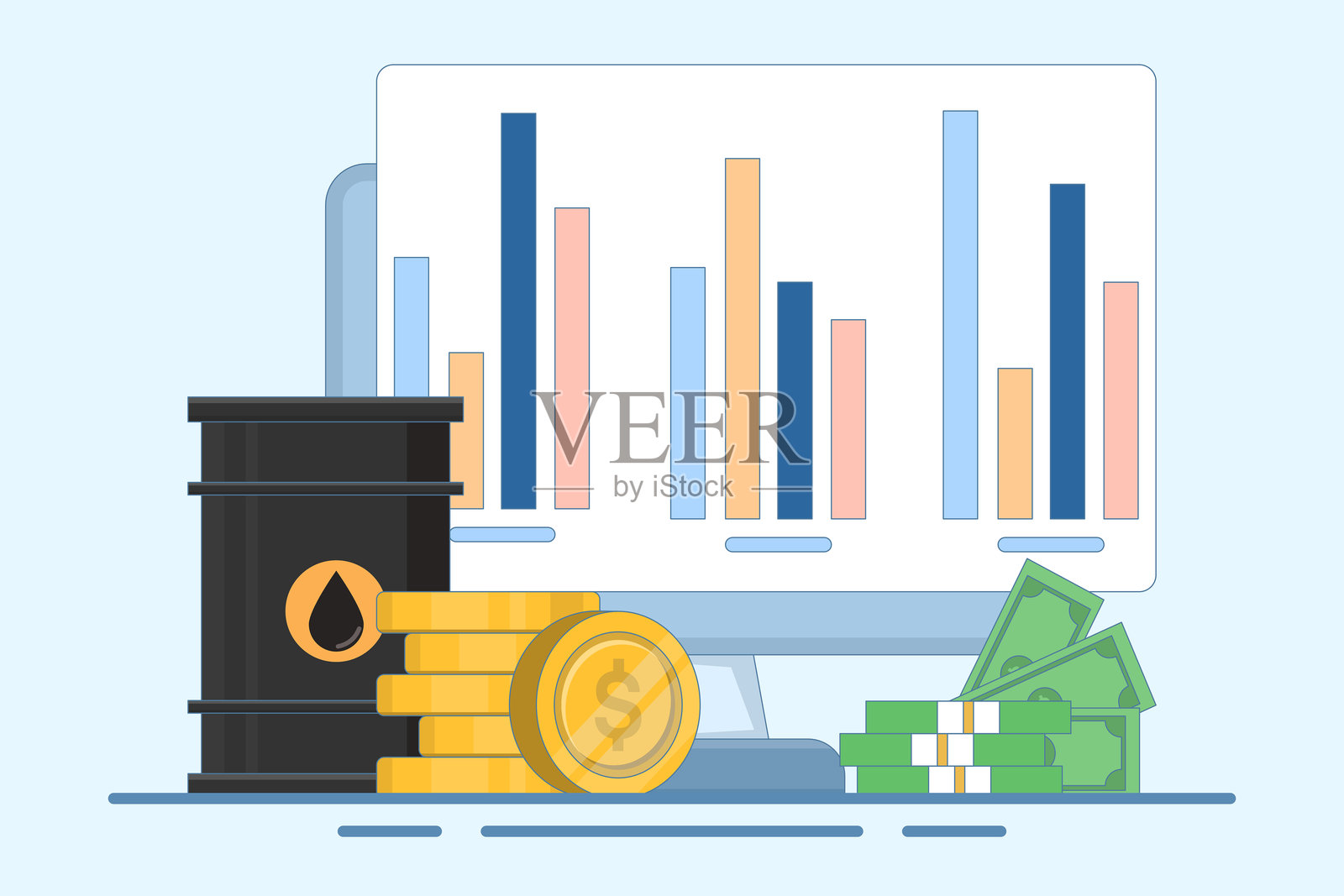 全球石油桶交易市场概念，石油桶与金币，计算机屏幕在孤立背景上，数字营销。平面设计插图背景。插画图片素材