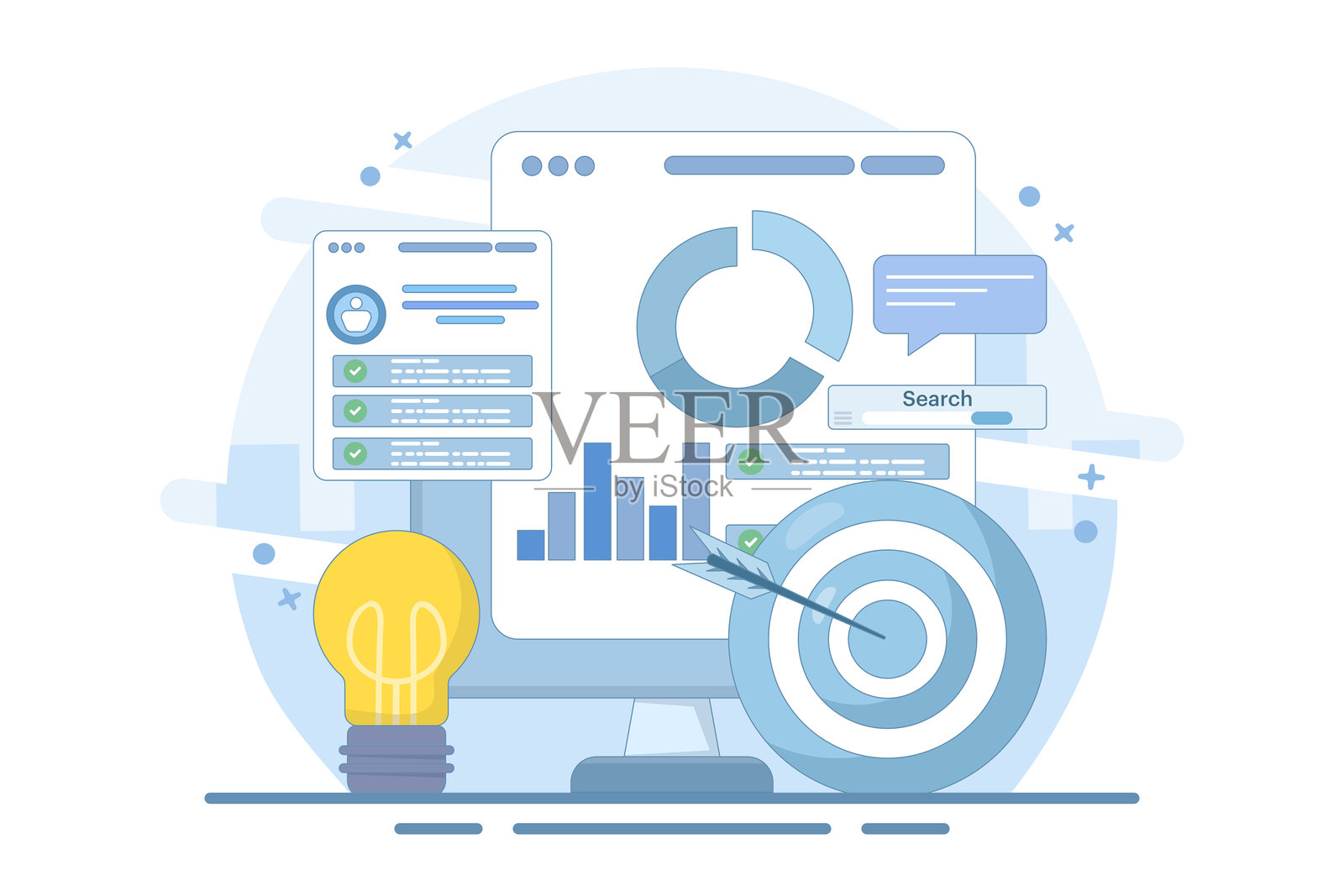 项目启动概念。项目管理，生命周期。数据分析任务。商业分析。项目实施条款。准备文档。卡通设计插图。插画图片素材