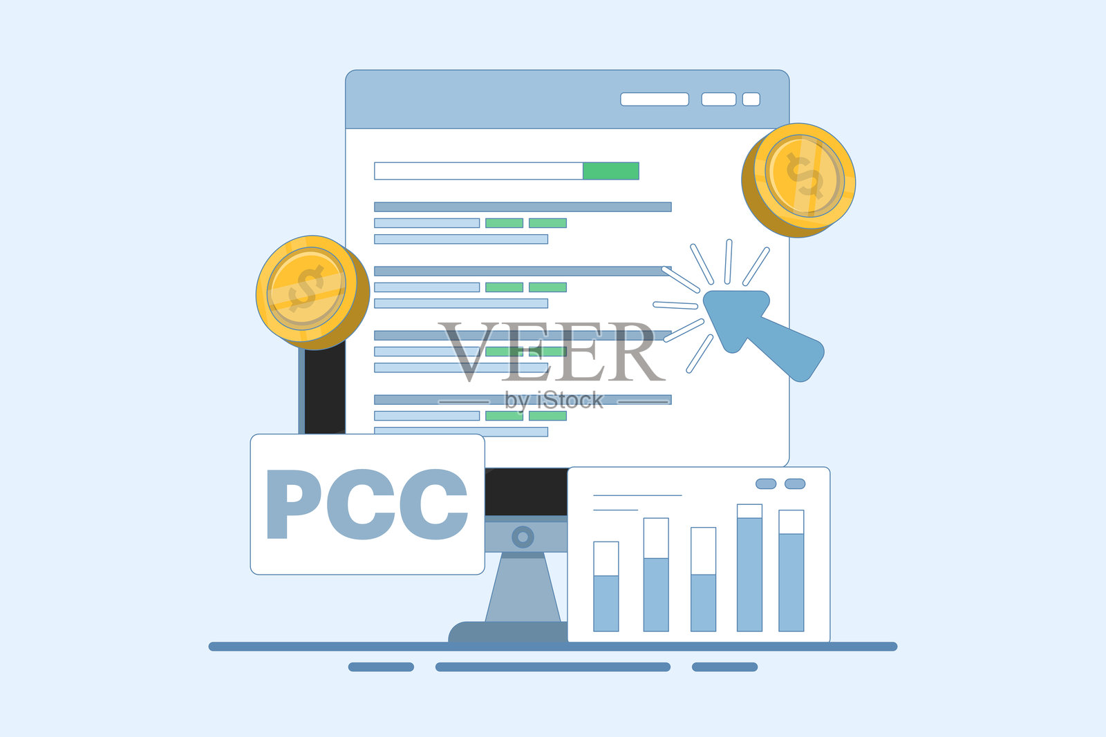 按点击付费营销概念或PPC，数字广告线活动。数字营销，谁想解释或推广PPC广告的方方面面。成功的PPC策略。插画图片素材