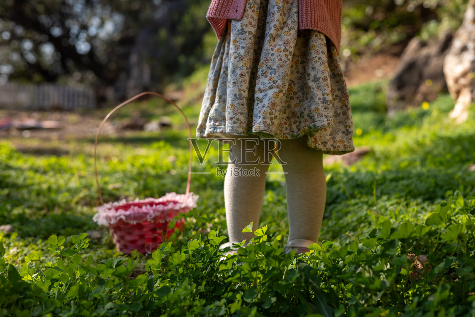 孩子们在阳光明媚的花园里享受复活节彩蛋狩猎，周围绿植环绕，五彩缤纷的彩蛋随处可见。照片摄影图片