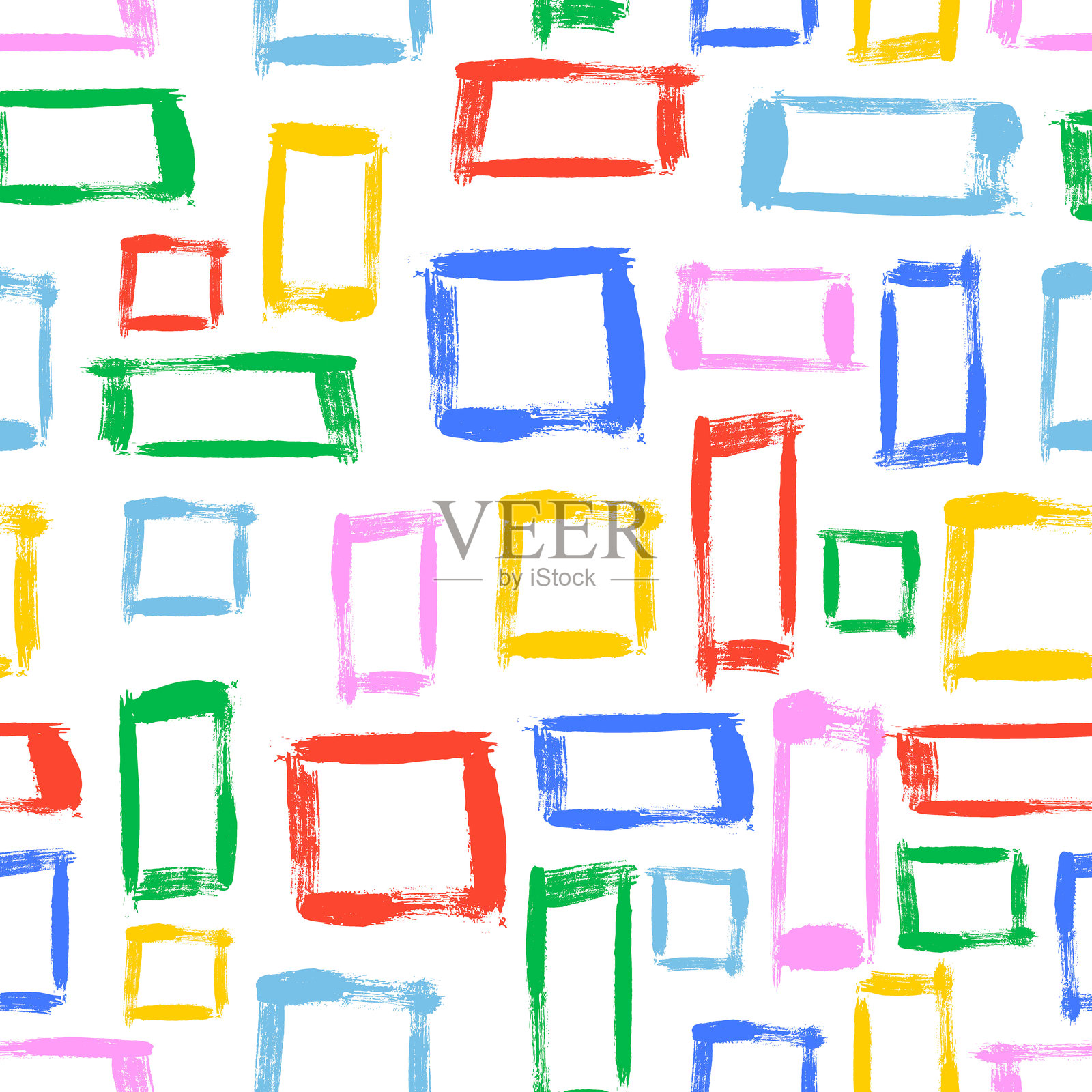 手绘墨水方块和矩形无缝图案。时尚的彩色涂鸦和笔刷痕迹。简单的抽象背景。非常适合用于纺织品、布料、墙纸、包装、剪贴簿和包装。插画图片素材