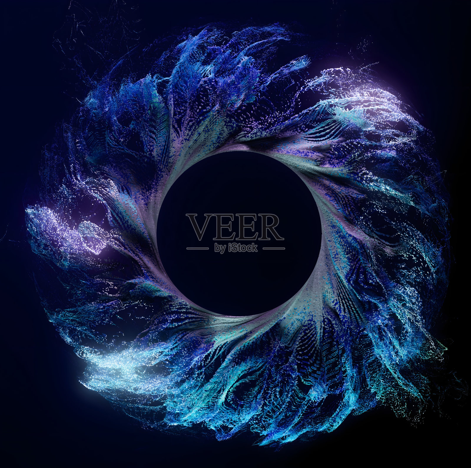 3D渲染的抽象艺术，超现实的环形圈作为幻想花朵，周围发出小颗粒，形成波浪状液体溅洒图案，发出明亮的蓝色和紫色光芒，背景为深蓝色。照片摄影图片