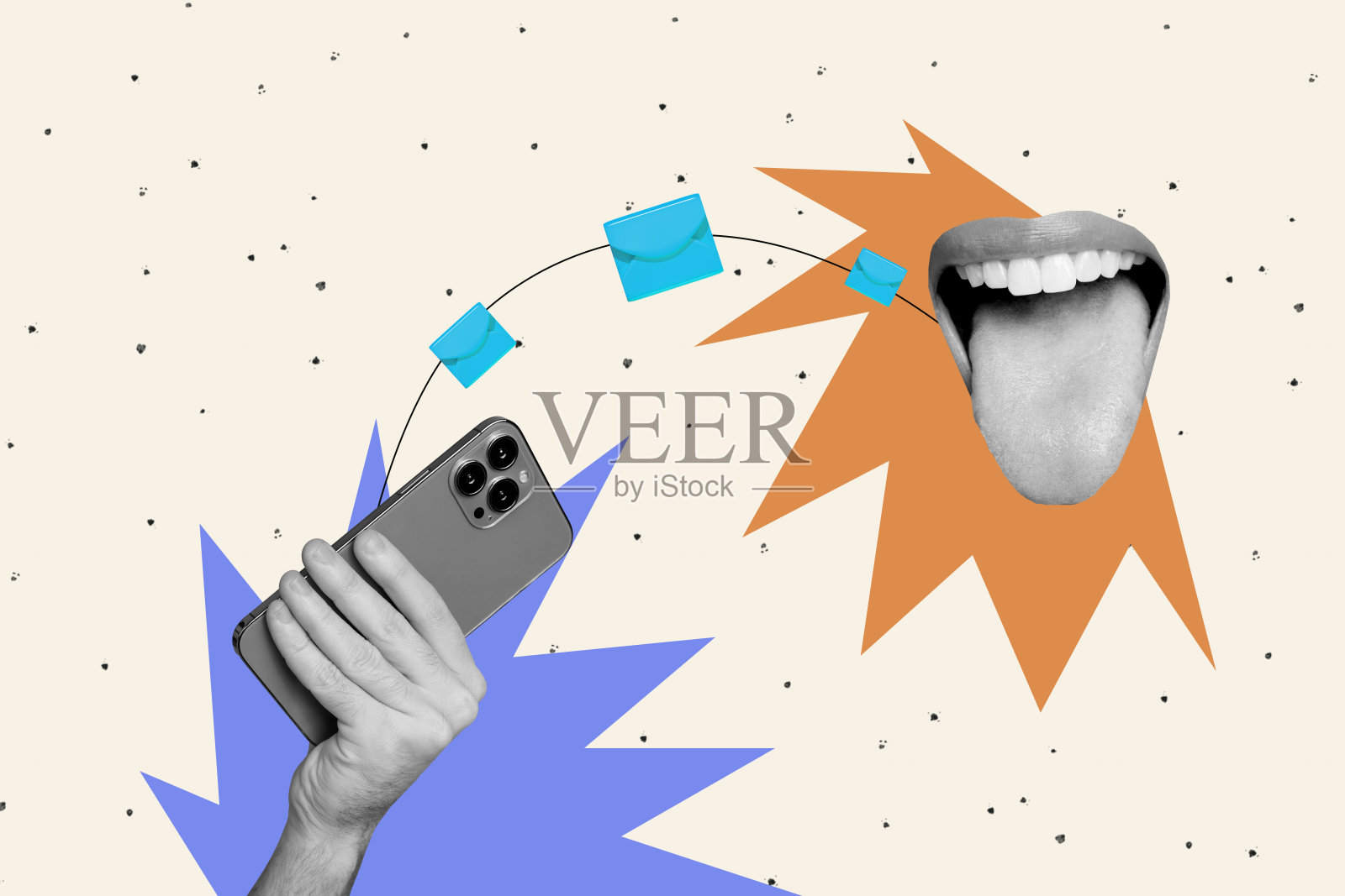 数字应用智能手机发送信息的拼贴艺术横幅，开放的嘴巴网络电子邮件，背景为米色。照片摄影图片