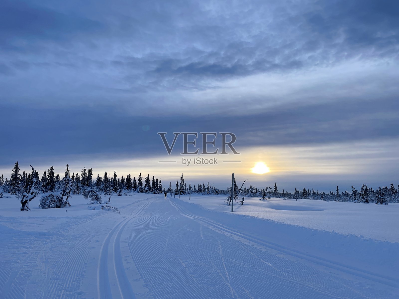在挪威的Sjusjøen，雪白的北欧滑雪道在日落时分的阴云下延伸至地平线，积雪覆盖的树木勾勒出美丽的风景。照片摄影图片