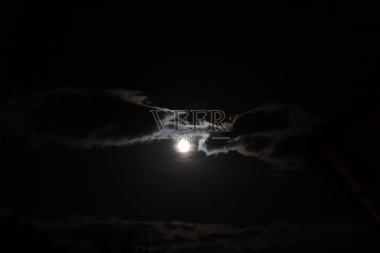 夜空中云层间的满月。照片摄影图片