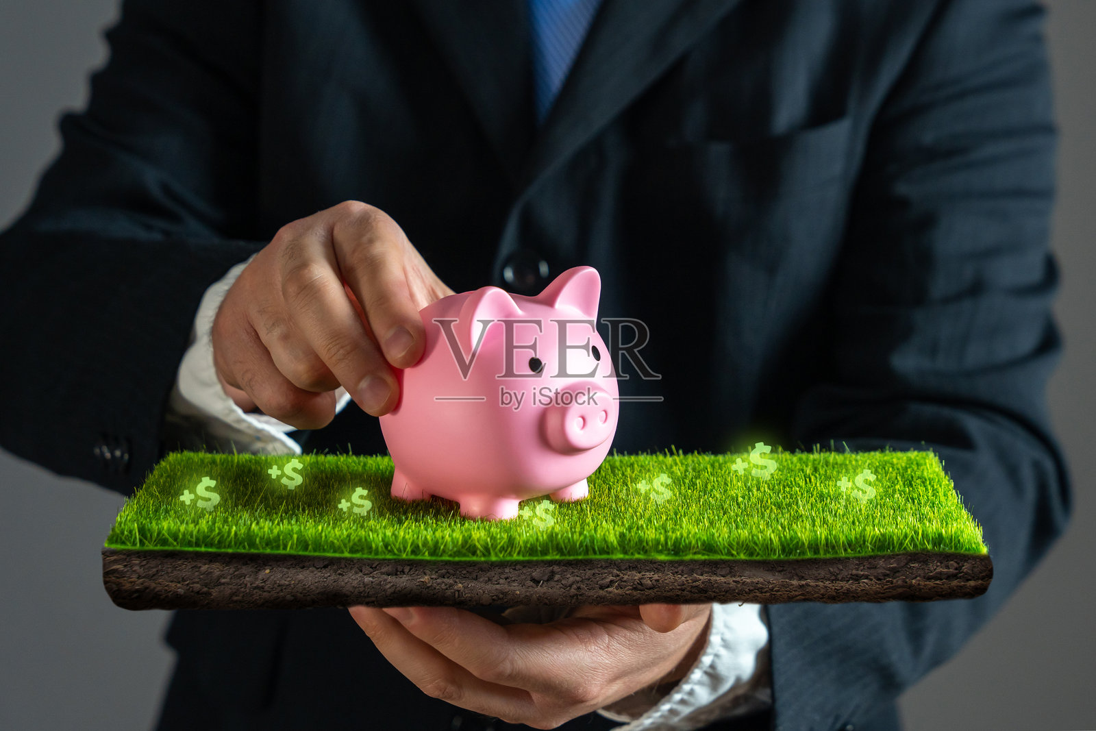 商人牵着储蓄罐在肥沃的土地上行走。存款和投资的良好条件，丰厚的利润和利润率。良好的投资环境。照片摄影图片