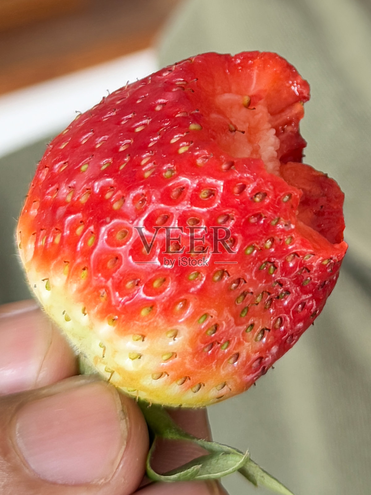 特写镜头，无法辨认的人手中拿着一颗咬了一口的成熟草莓，绿色的萼片和果梗依然附着，焦点在前景。照片摄影图片